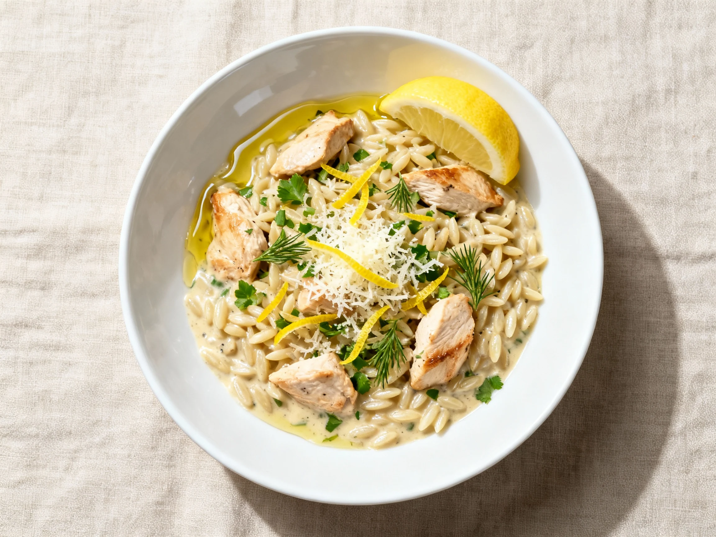 Food photography, Overhead shot of the finished lemon chicken orzo in a shallow white bowl: al dente orzo coated in velv