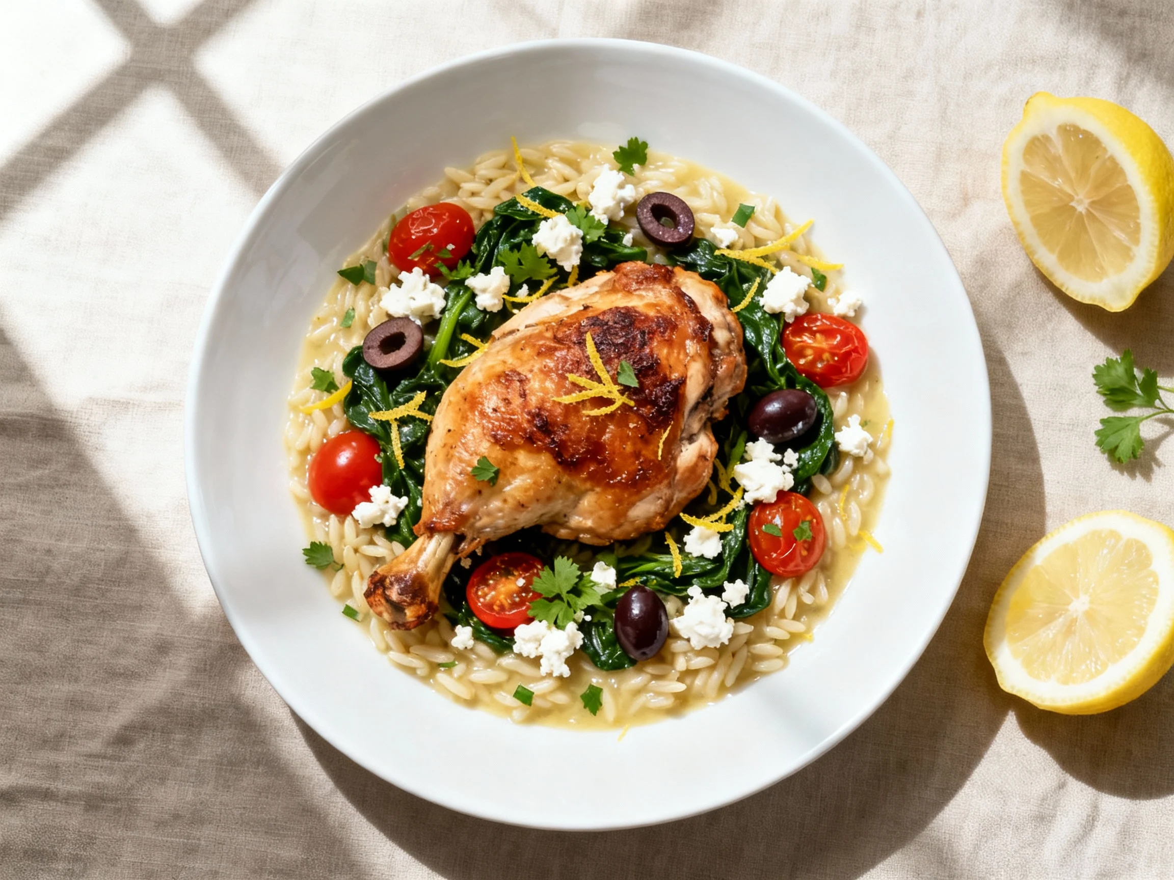 Food photography, Overhead final plate: crispy skin-on chicken thigh nestled in silky lemon-butter orzo with wilted spin