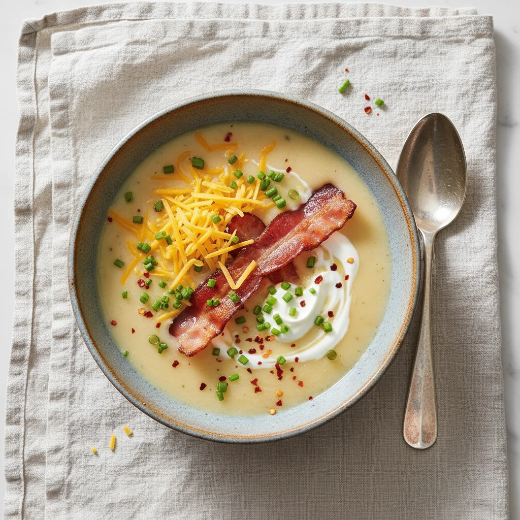 Food photography, 2. Overhead shot of a beautifully plated Potato Bacon Soup in a rustic ceramic bowl: silky, creamy bas