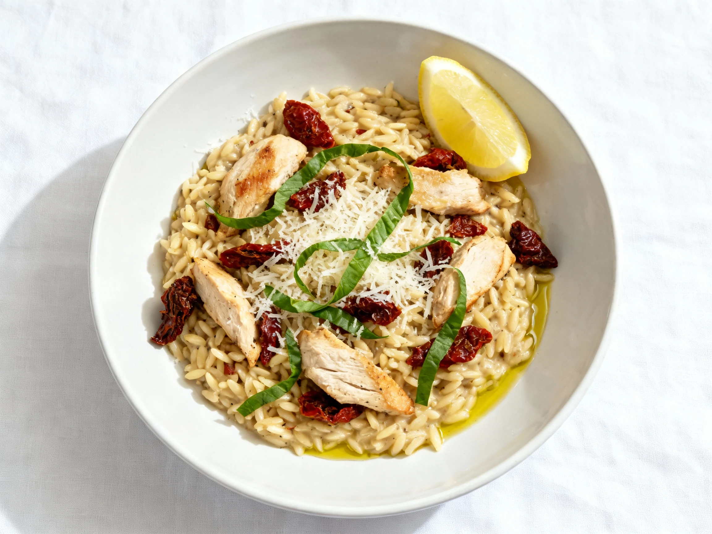 Food photography, Overhead final dish of Tuscan sun-dried tomato chicken orzo in a shallow white bowl: creamy orzo studd