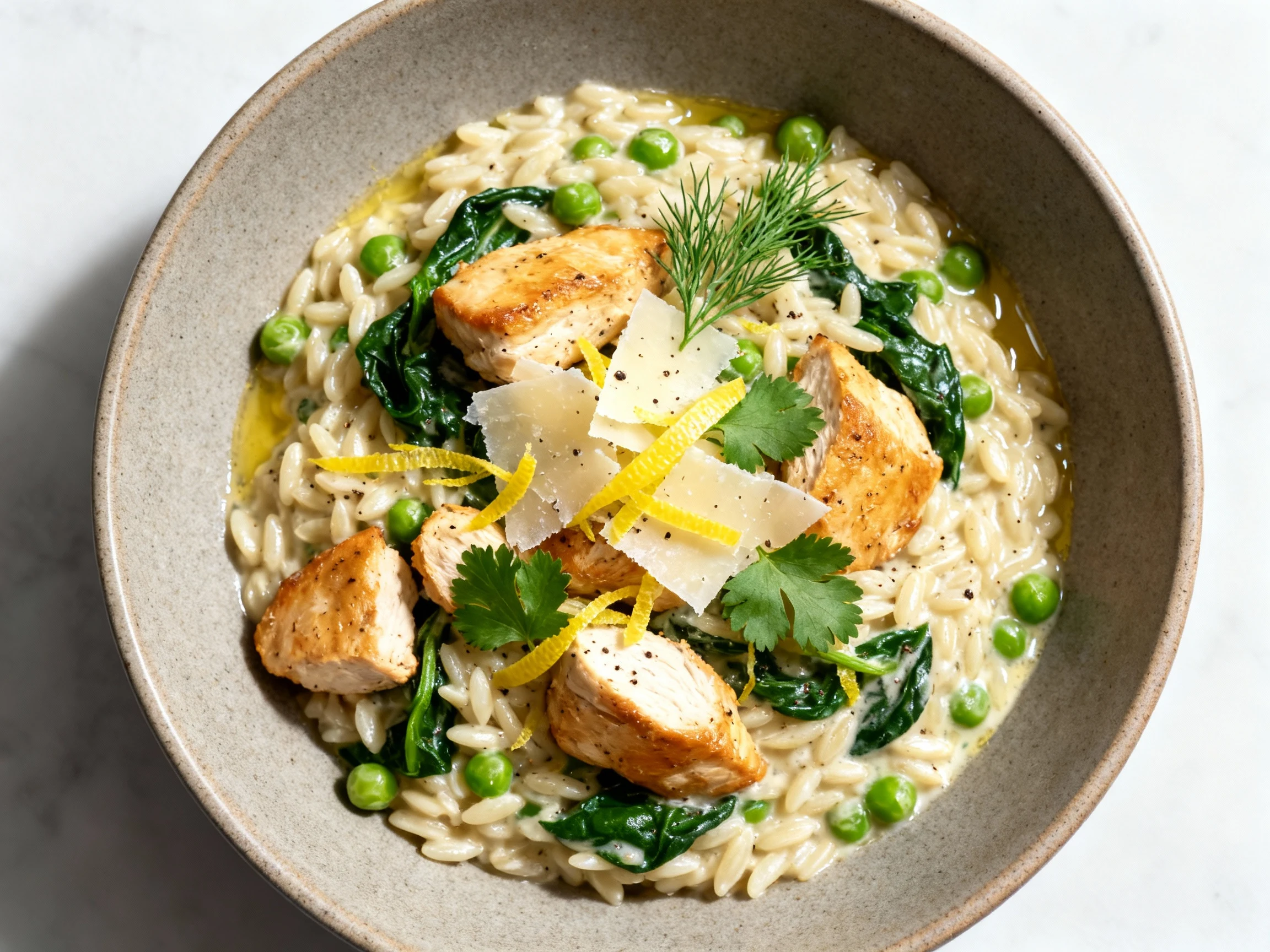 Food photography, 2. Overhead shot of the final plated creamy chicken orzo in a matte ceramic bowl: risotto-like cling, 