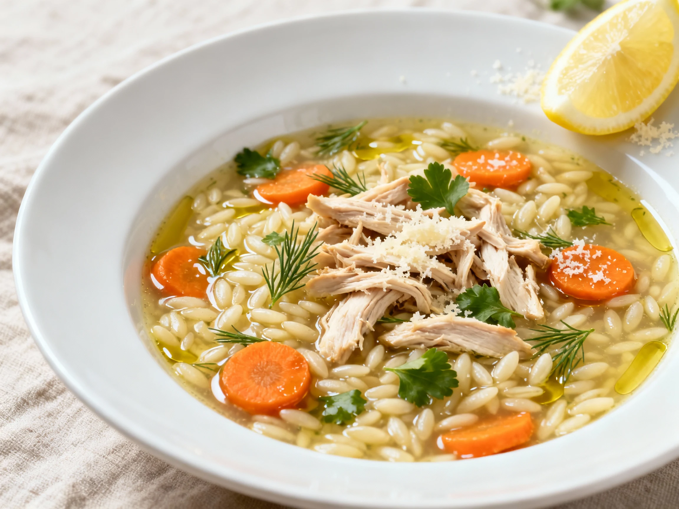 Food photography, Close-up detail of lemony chicken orzo soup in a wide white bowl: glossy broth coating al dente orzo a