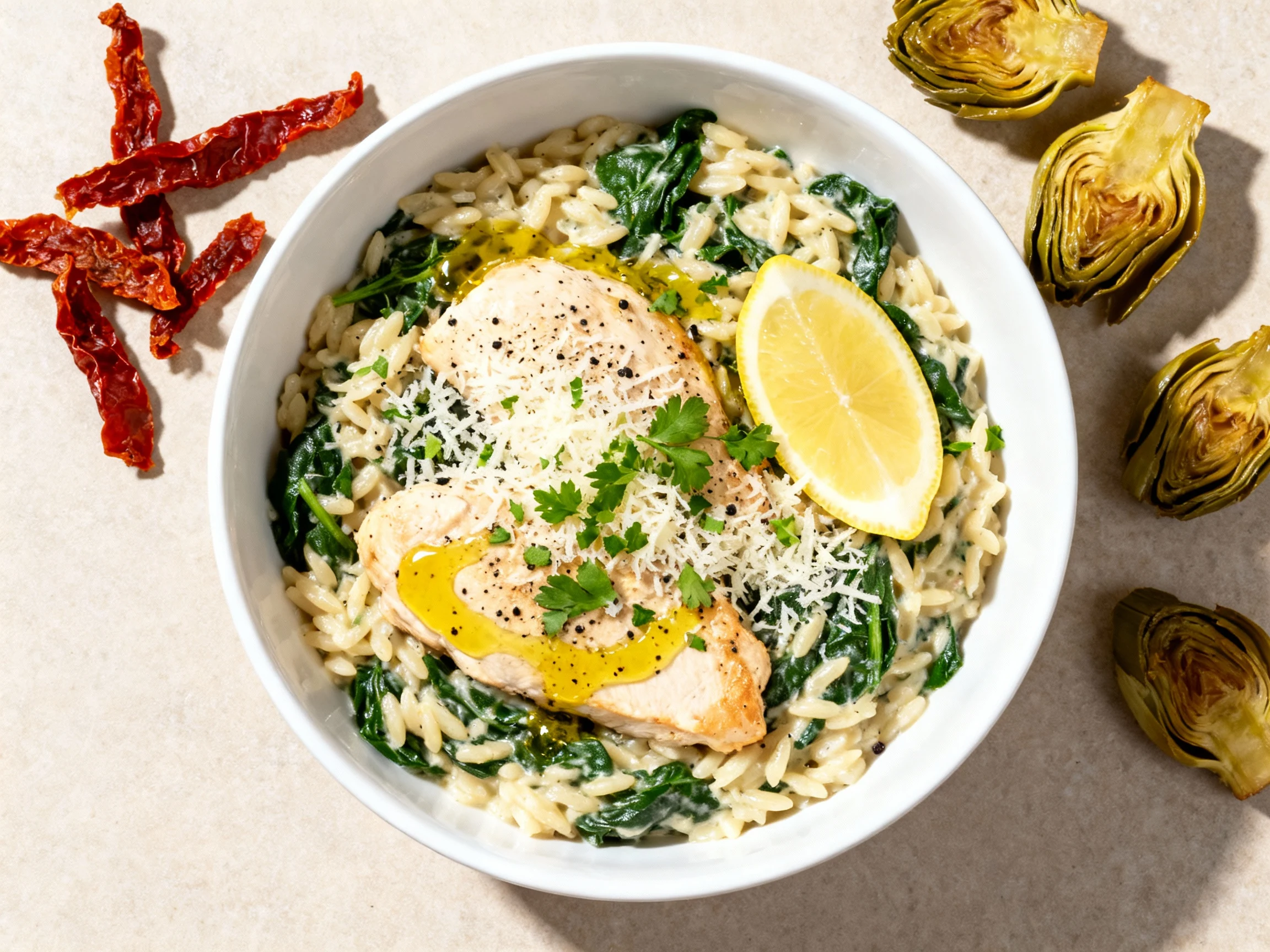 Food photography, Overhead final plate: creamy lemon-Parmesan chicken orzo with spinach in a white bowl, topped with ext
