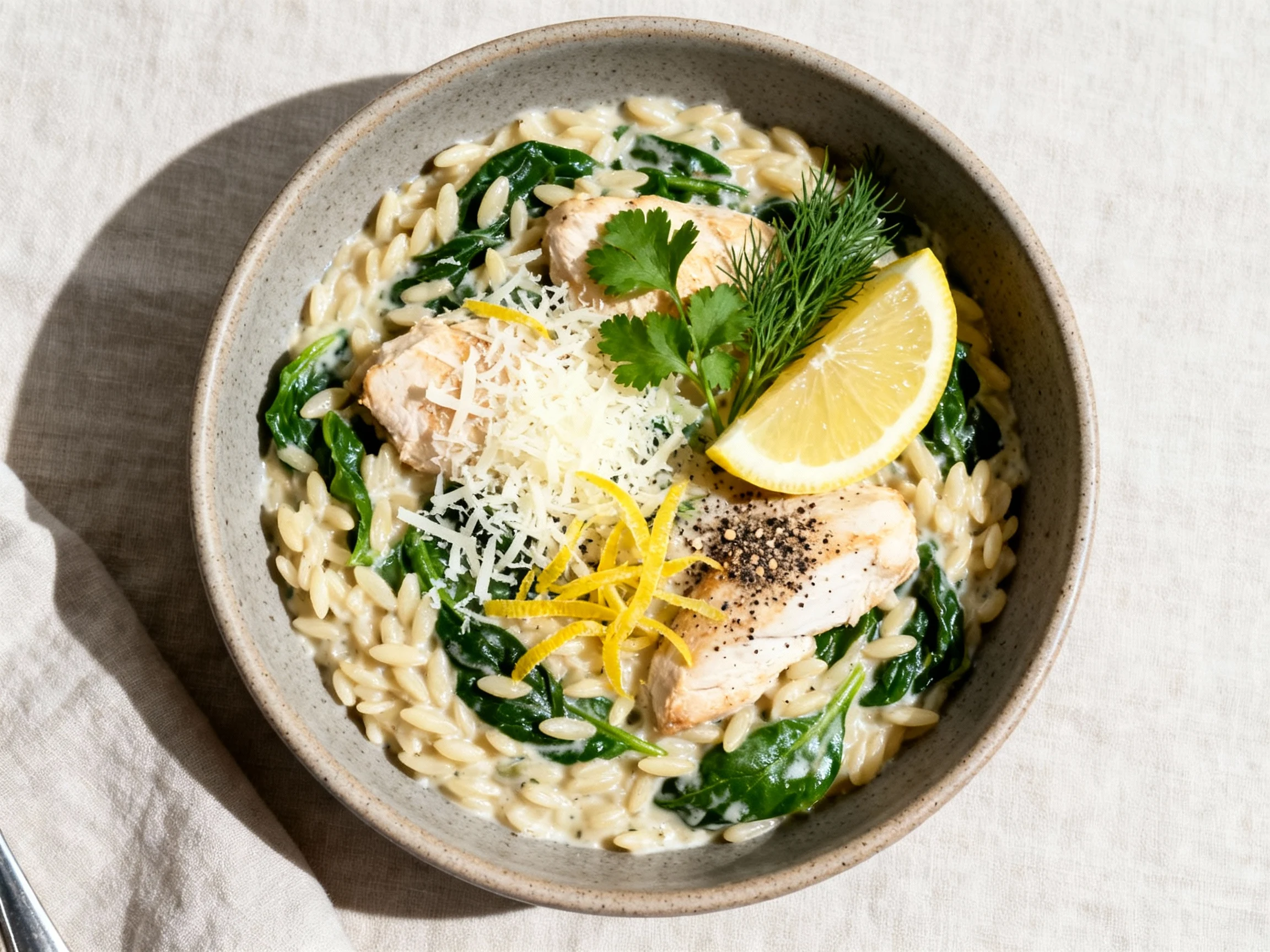 Food photography, Overhead final bowl of creamy lemon chicken orzo with spinach, topped with freshly grated Parmesan, le