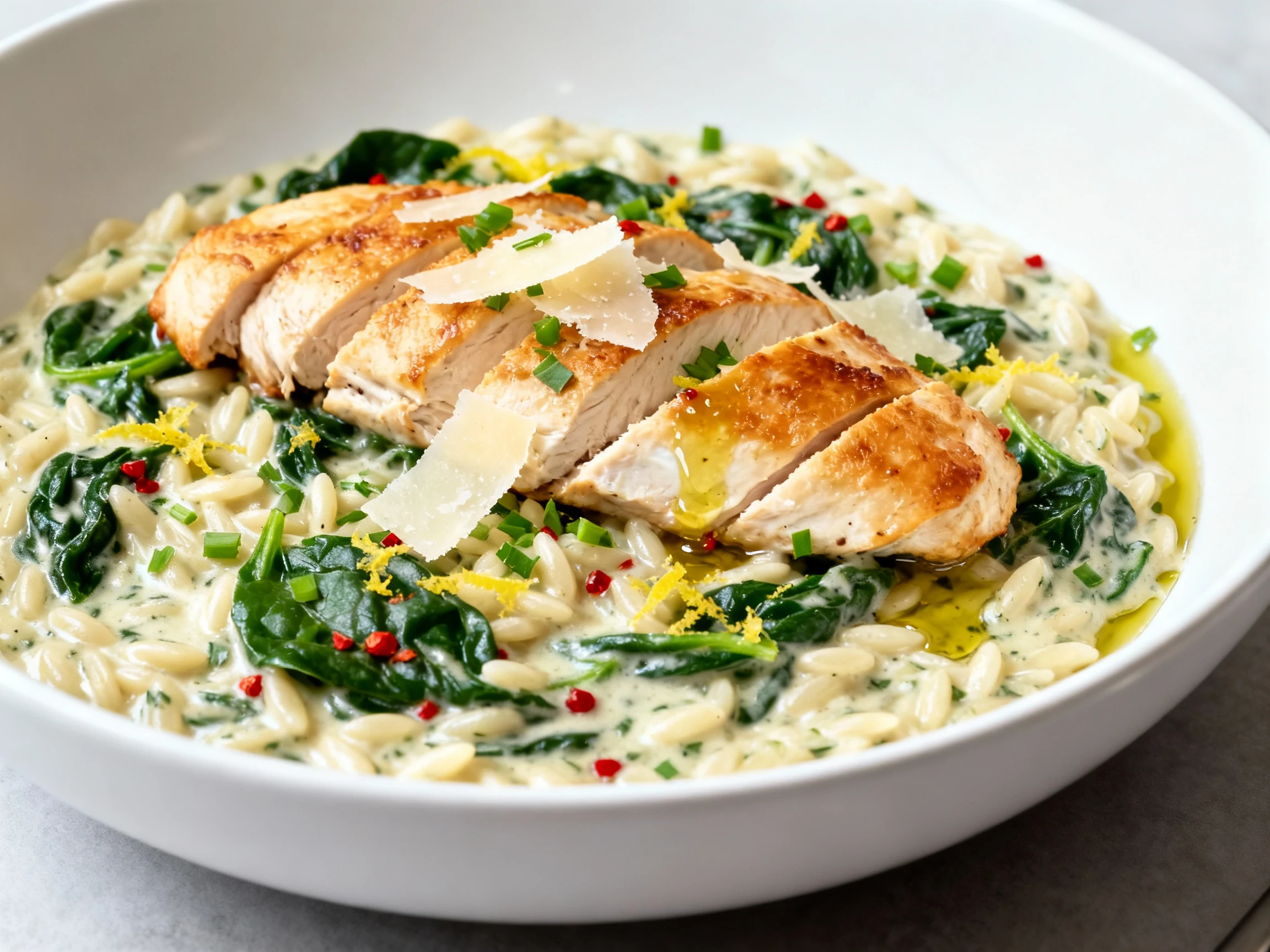 Food photography, Close-up, restaurant-quality plating of creamy chicken orzo with Boursin in a matte white bowl: juicy 