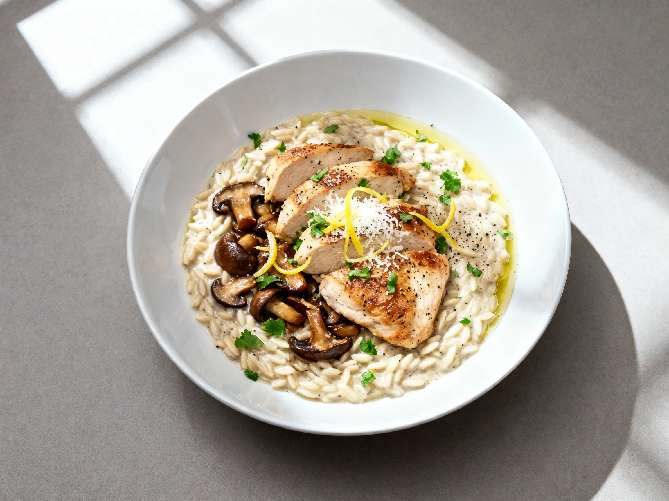 Food photography, Overhead final plate: creamy chicken mushroom orzo in a wide white bowl, seared chicken and caramelize