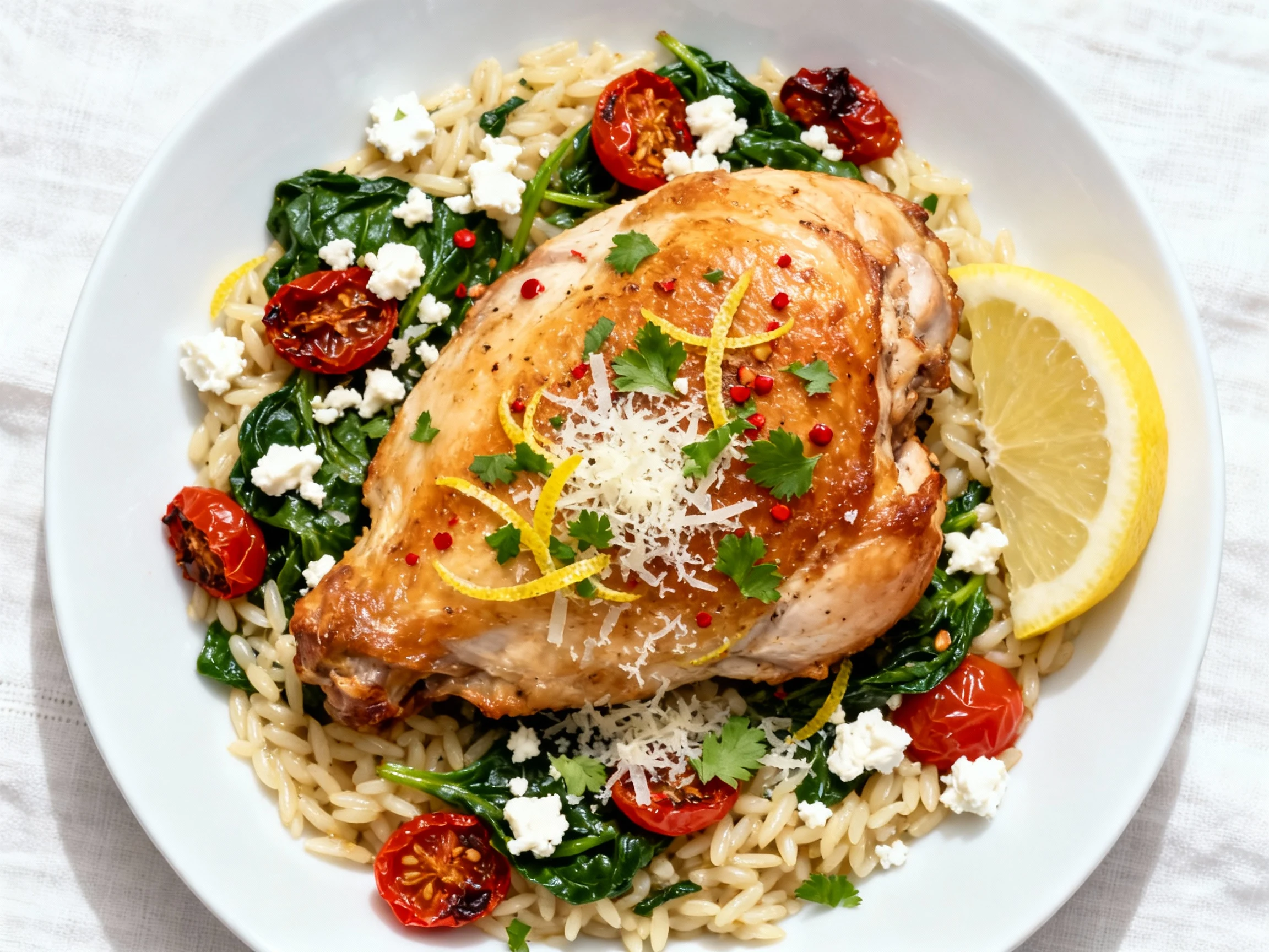 Food photography, 2. Overhead shot of the final plated baked chicken orzo: golden, juicy thigh atop creamy orzo studded 