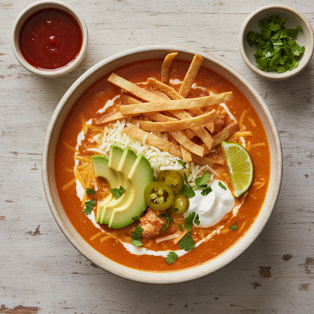 Food photography, 2. Overhead final presentation: creamy chicken taco soup in a matte ceramic bowl, velvety orange-red b