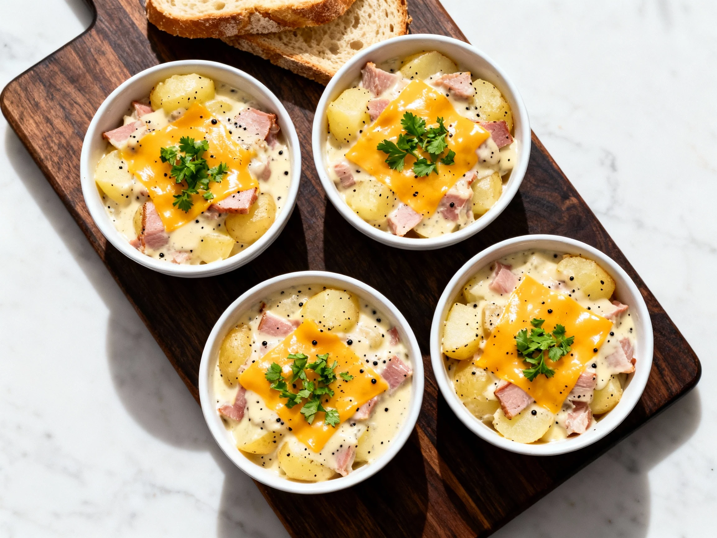 Food photography, Overhead shot of creamy ham-and-potato bowls topped with melted cheddar and chopped parsley, glossy sa