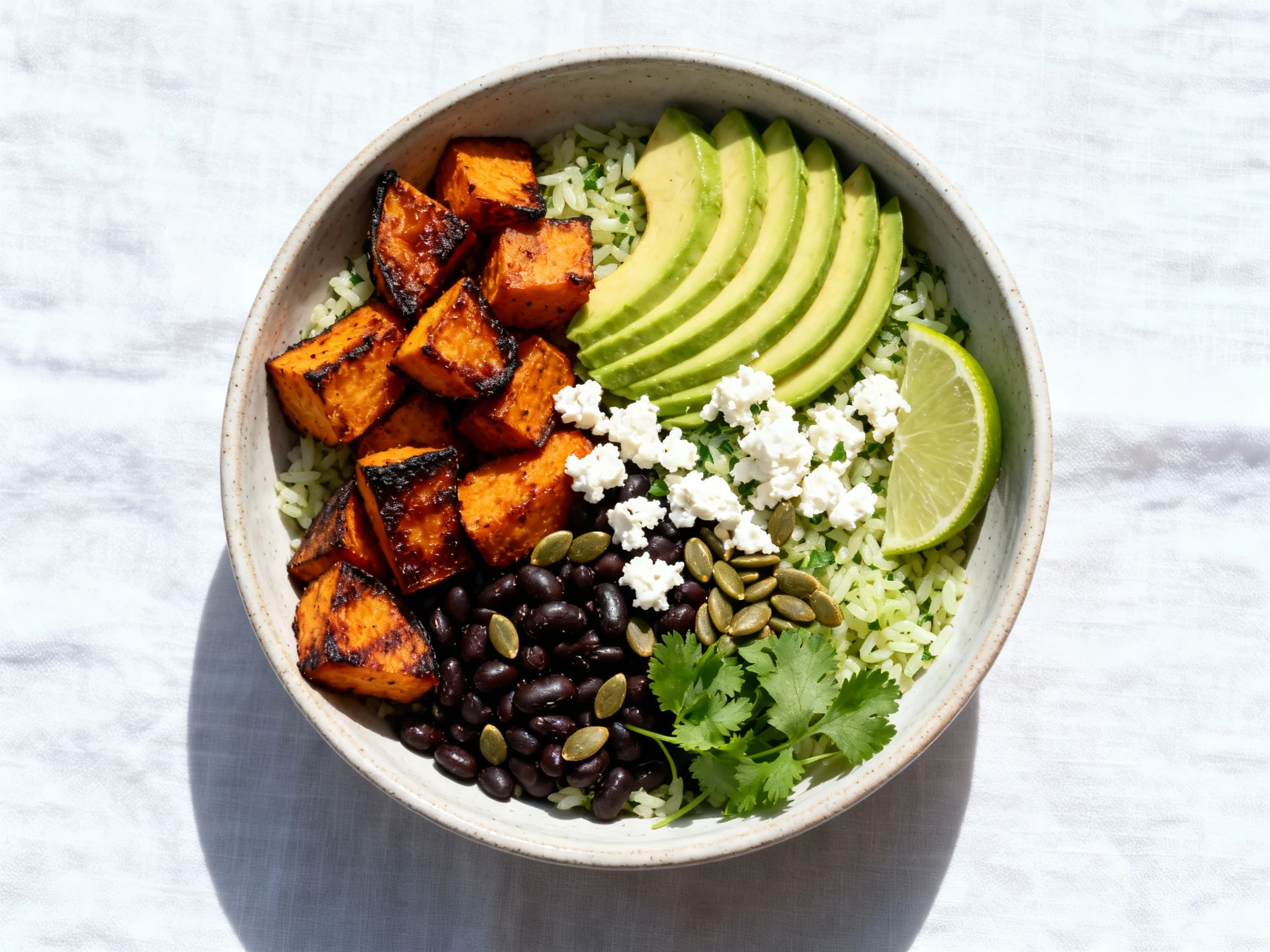 Food photography, Beautifully plated maple-chipotle sweet potato and black bean bowl over cilantro-lime rice: broiled ca