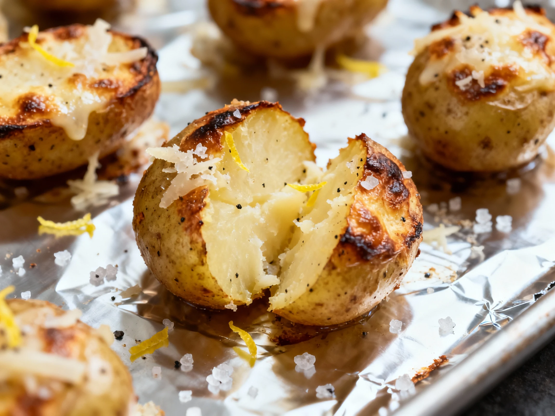Food photography, Close-up detail: broiler-finished baby potatoes on a foil-lined baking sheet, ultra-crispy browned edg