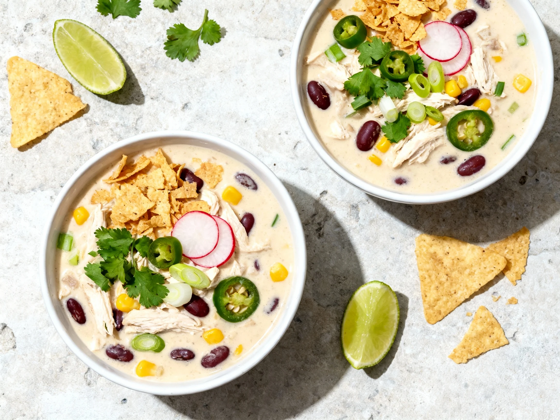 Food photography, 2. Overhead shot of two bowls of creamy white chicken chili on a light stone surface: pale ivory base 