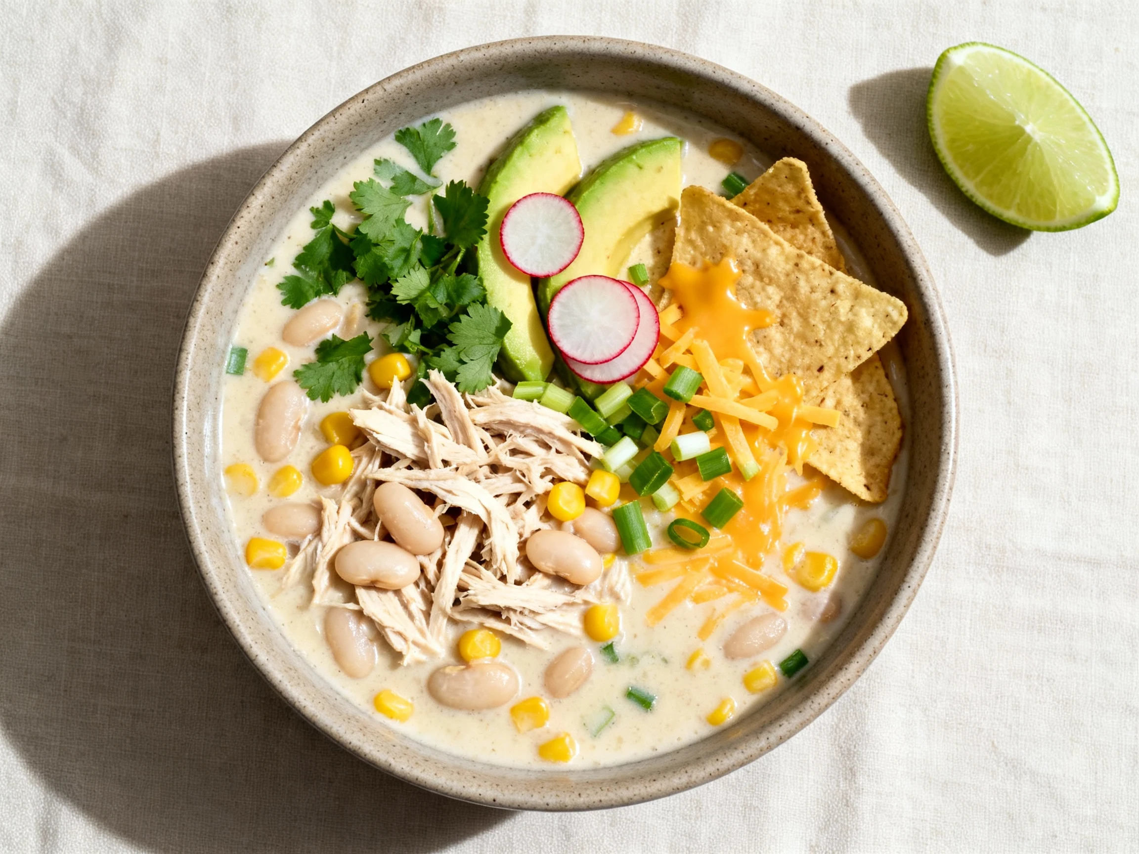 Food photography, Tasty top view of the final bowl: creamy white bean chicken chili in a matte ceramic bowl—tender shred