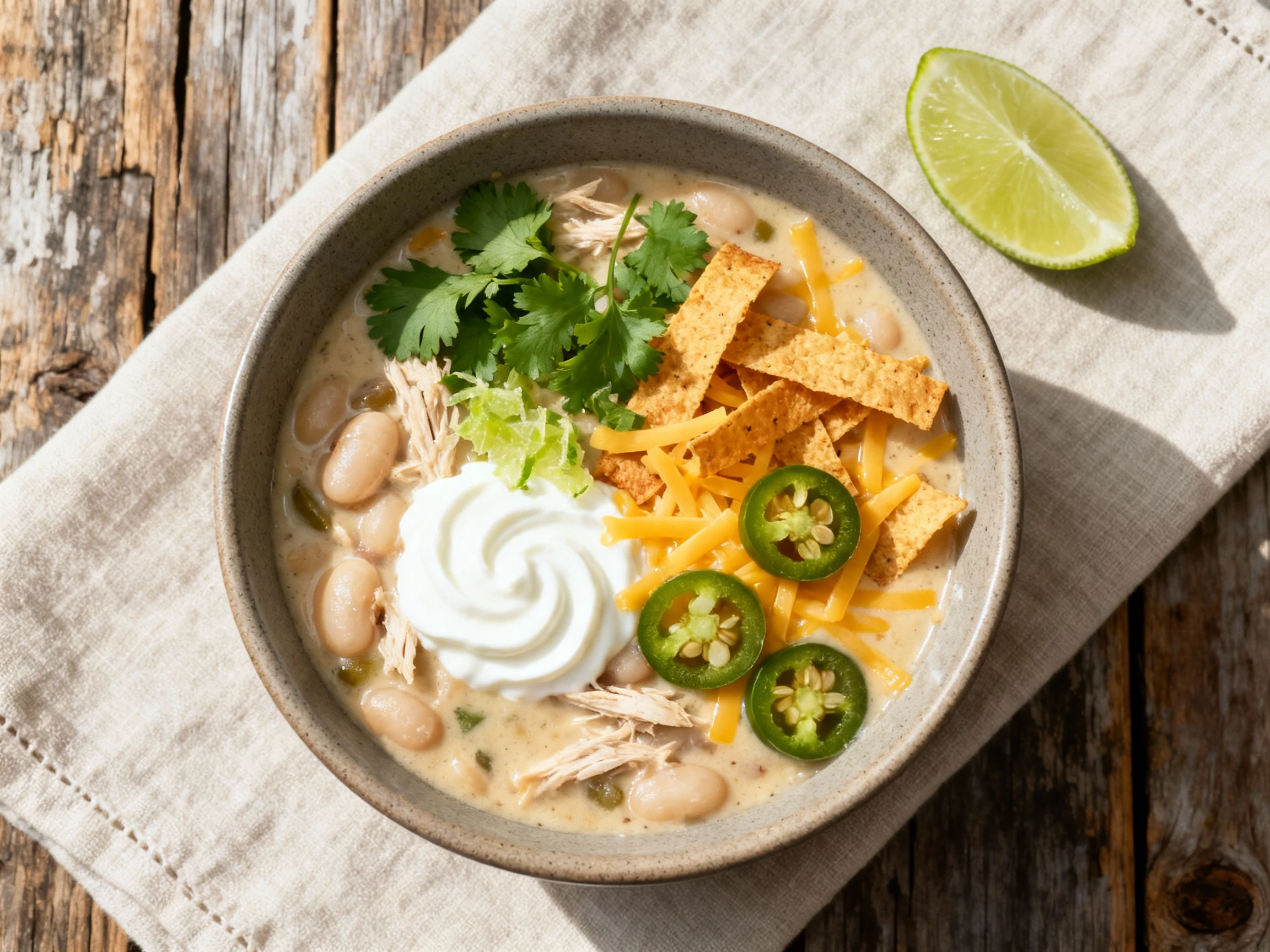 Food photography, Overhead shot: creamy white bean chicken chili in a matte ceramic bowl, topped with cilantro, lime zes
