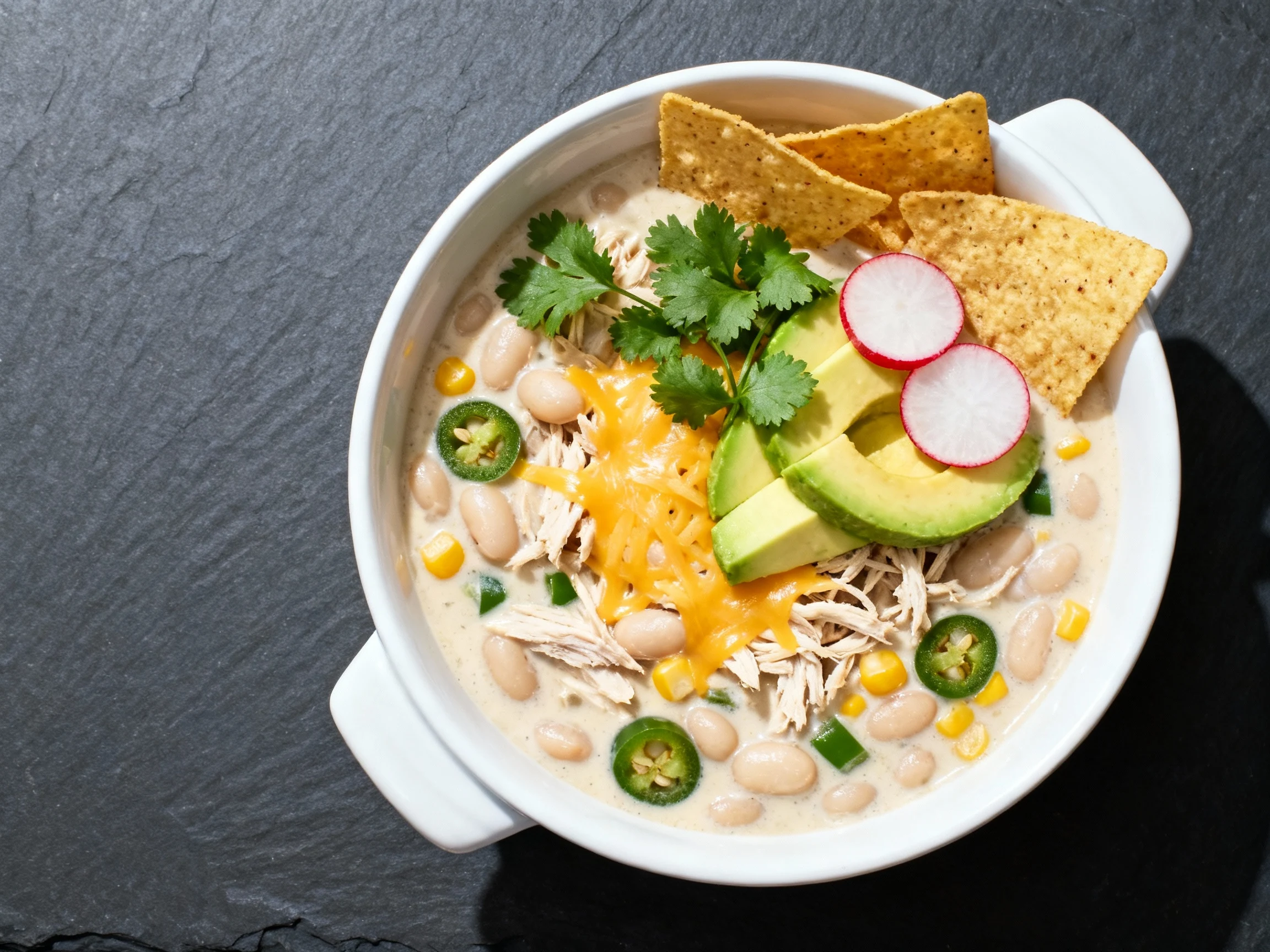 Food photography, Overhead final bowl of white bean chicken chili—creamy pale base studded with shredded chicken, cannel