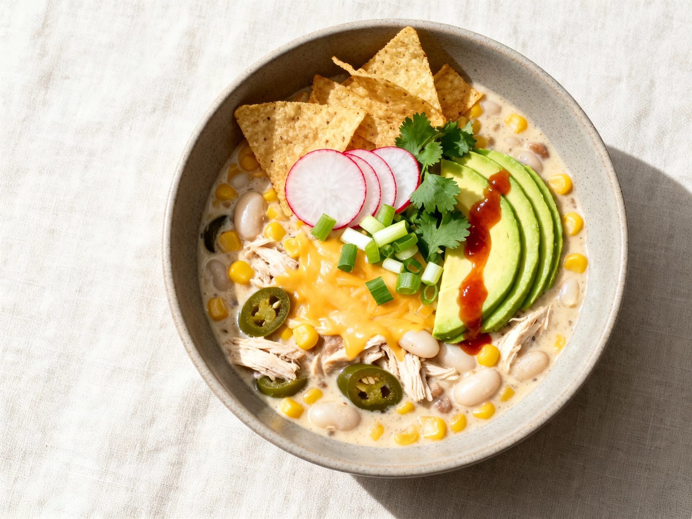 Food photography, Overhead shot of a finished bowl of chicken and white bean chili with creamy texture, corn kernels, an