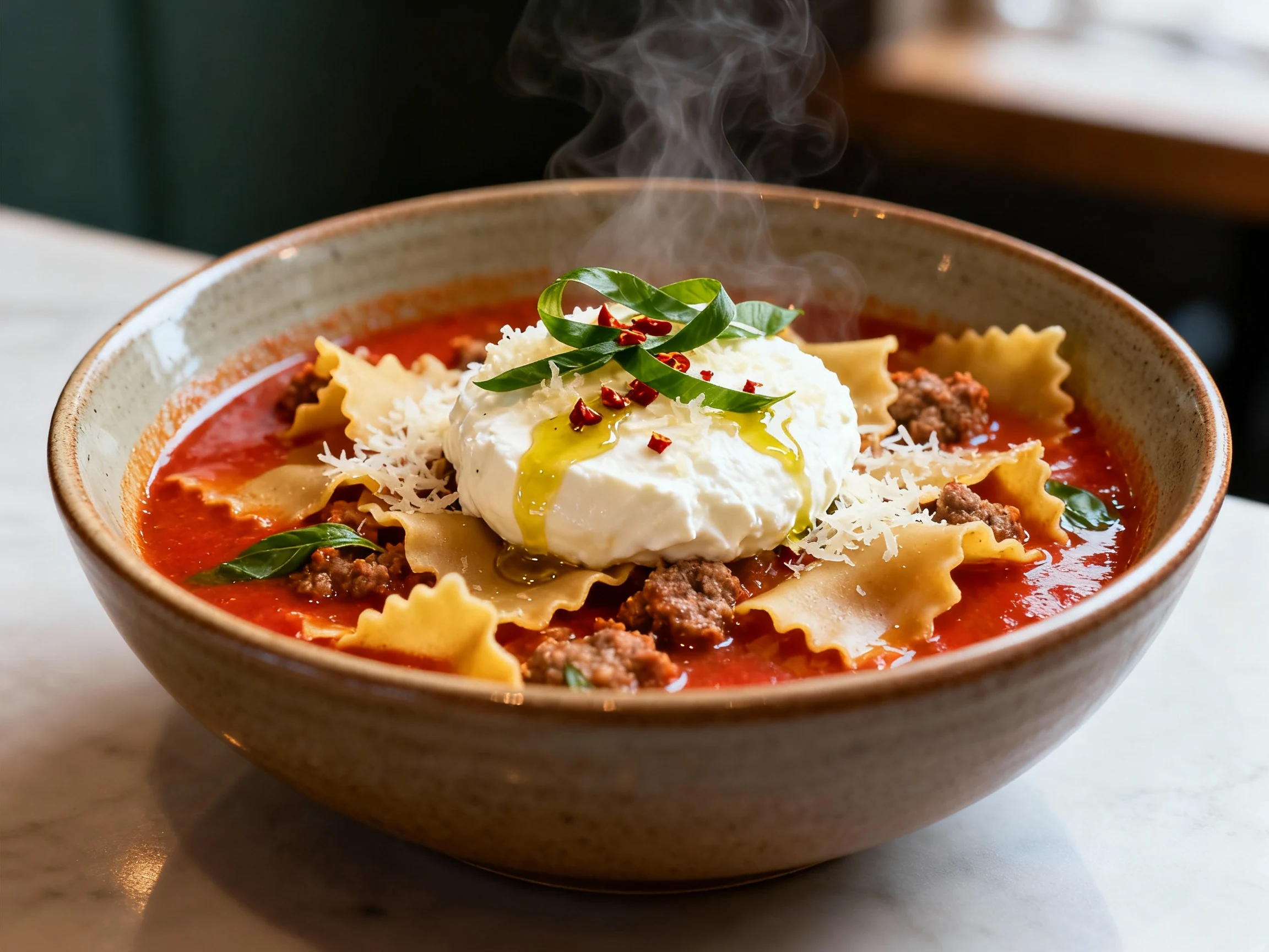 Food photography, Final dish hero: A deep ceramic bowl of lasagna soup with rich tomato–basil broth, broken lasagna nood