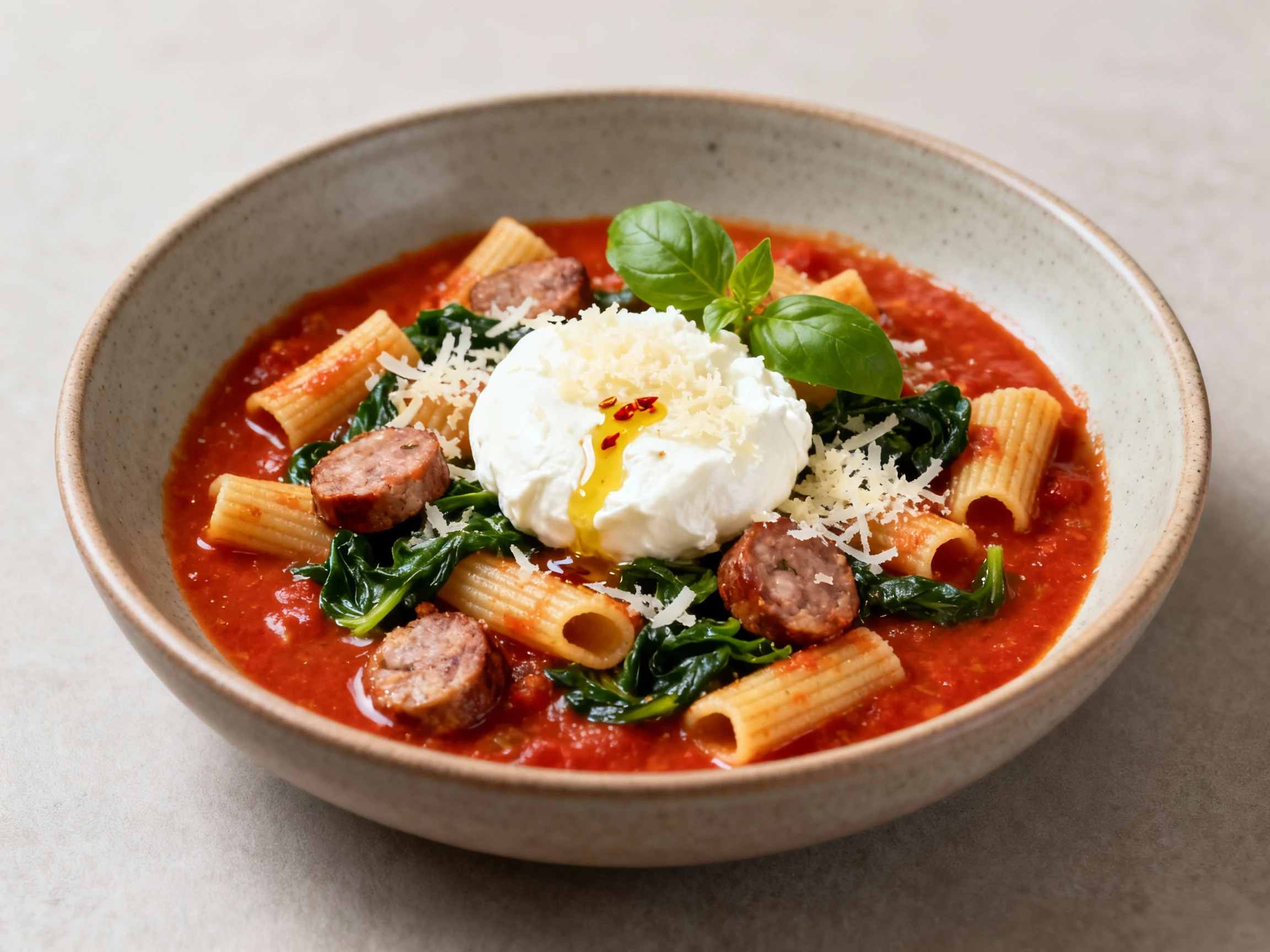 Food photography, Restaurant-style bowl of slow cooker lasagna soup with al dente noodle pieces, sausage, and wilted spi