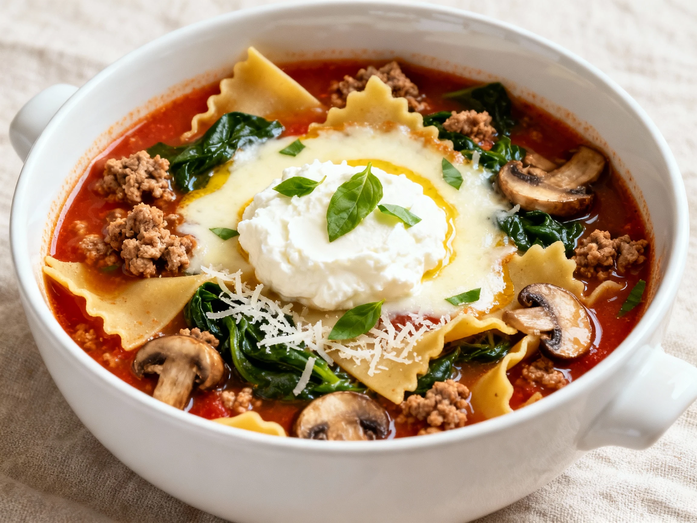 Food photography, Final dish: white ceramic bowl of lasagna soup with broken lasagna noodles, lean turkey crumbles, crem