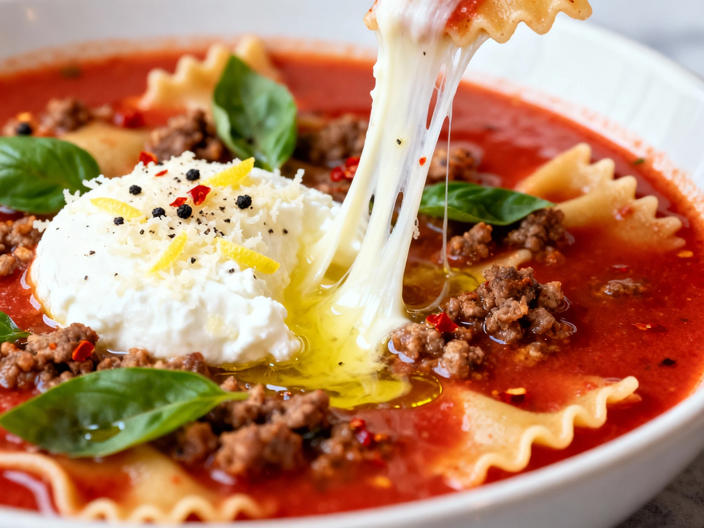 Food photography, Close-up detail: Ricotta–Parmesan–lemon zest dollop melting into the ruby-red broth, mozzarella strand