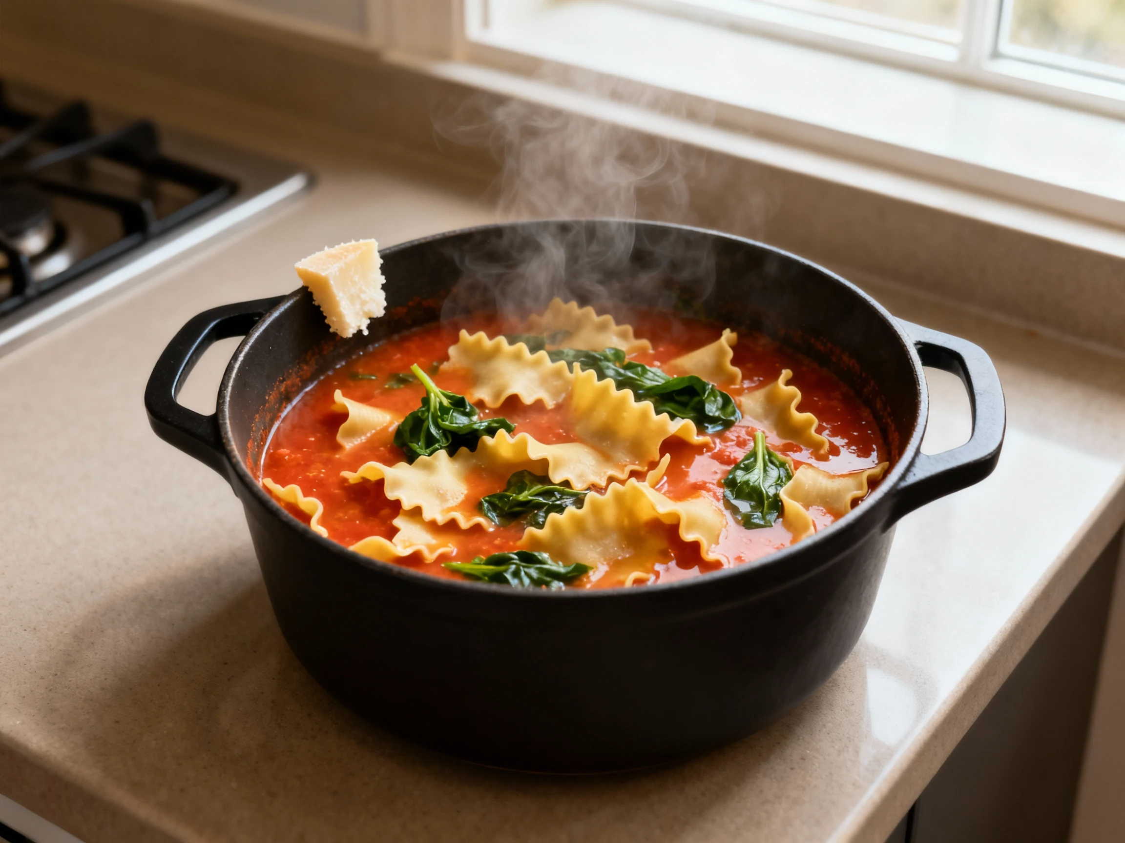 Food photography, 2. Overhead shot of lasagna soup at a gentle simmer after cream is stirred in: rosy tomato broth with 