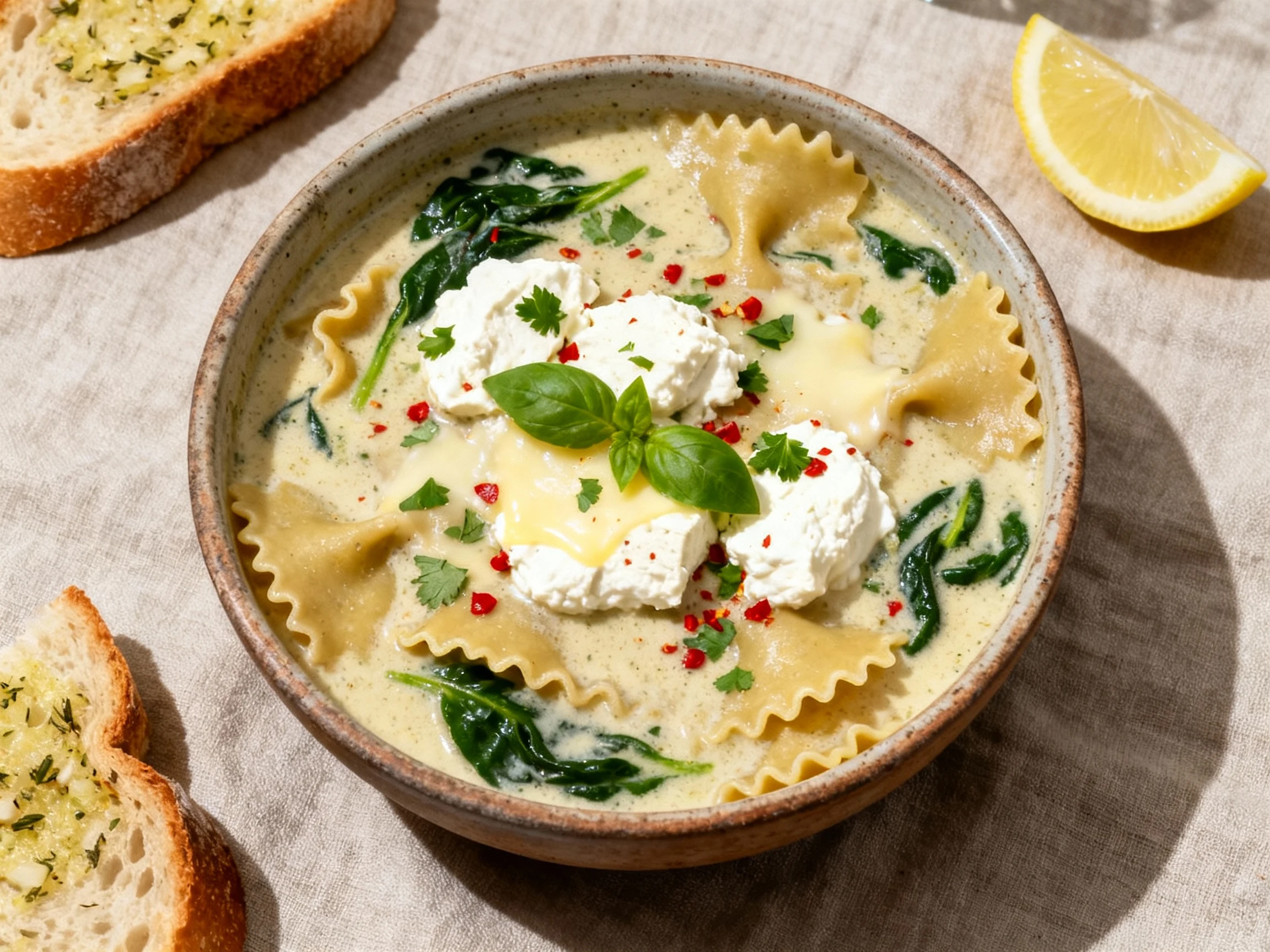 Food photography, Tasty top view: overhead shot of a rustic bowl of vegan lasagna soup finished creamy, garnished with d
