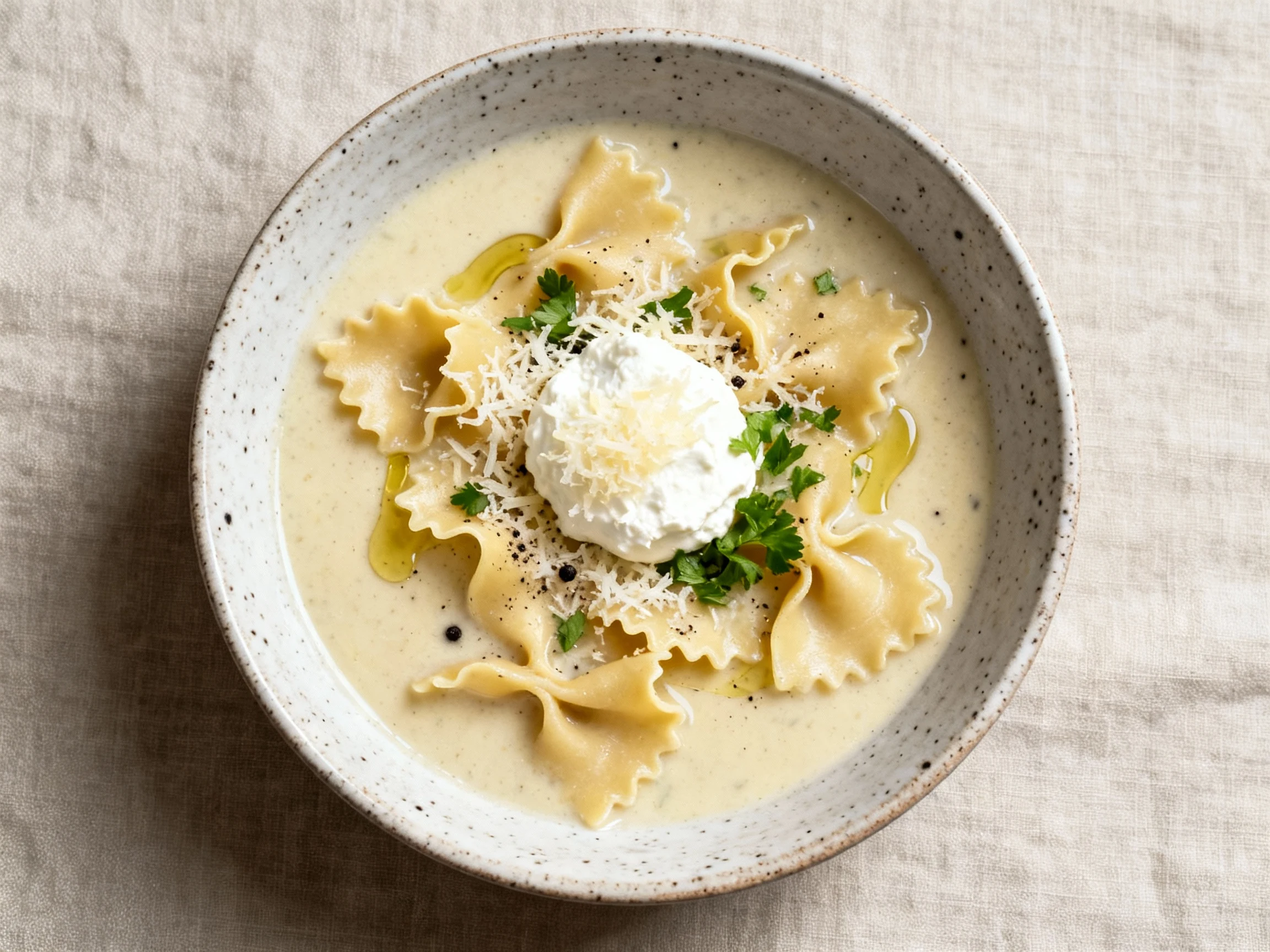 Food photography, Top-down final presentation: Alfredo lasagna soup in a wide speckled ceramic bowl, frilly noodle piece