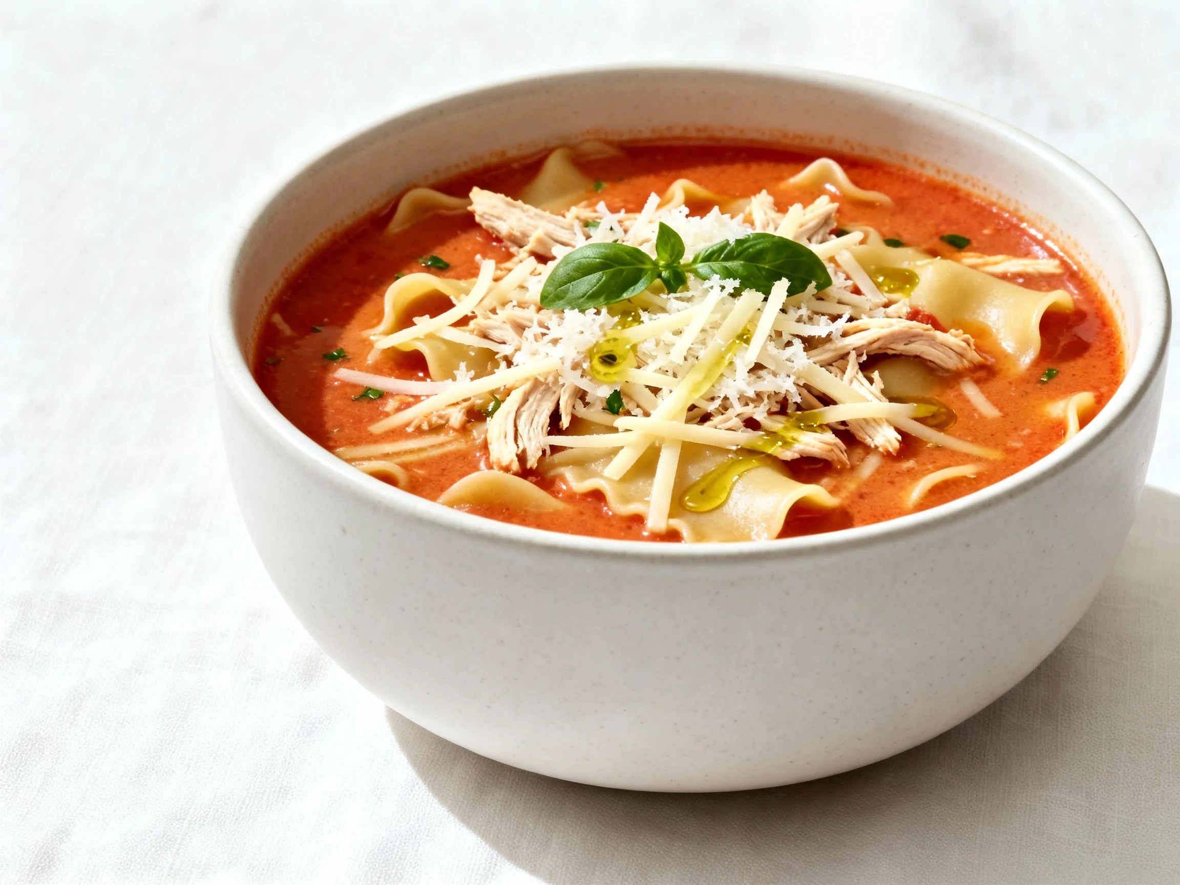 Food photography, Final plated dish: luxurious chicken lasagna soup in a matte white bowl, creamy tomato broth with tend