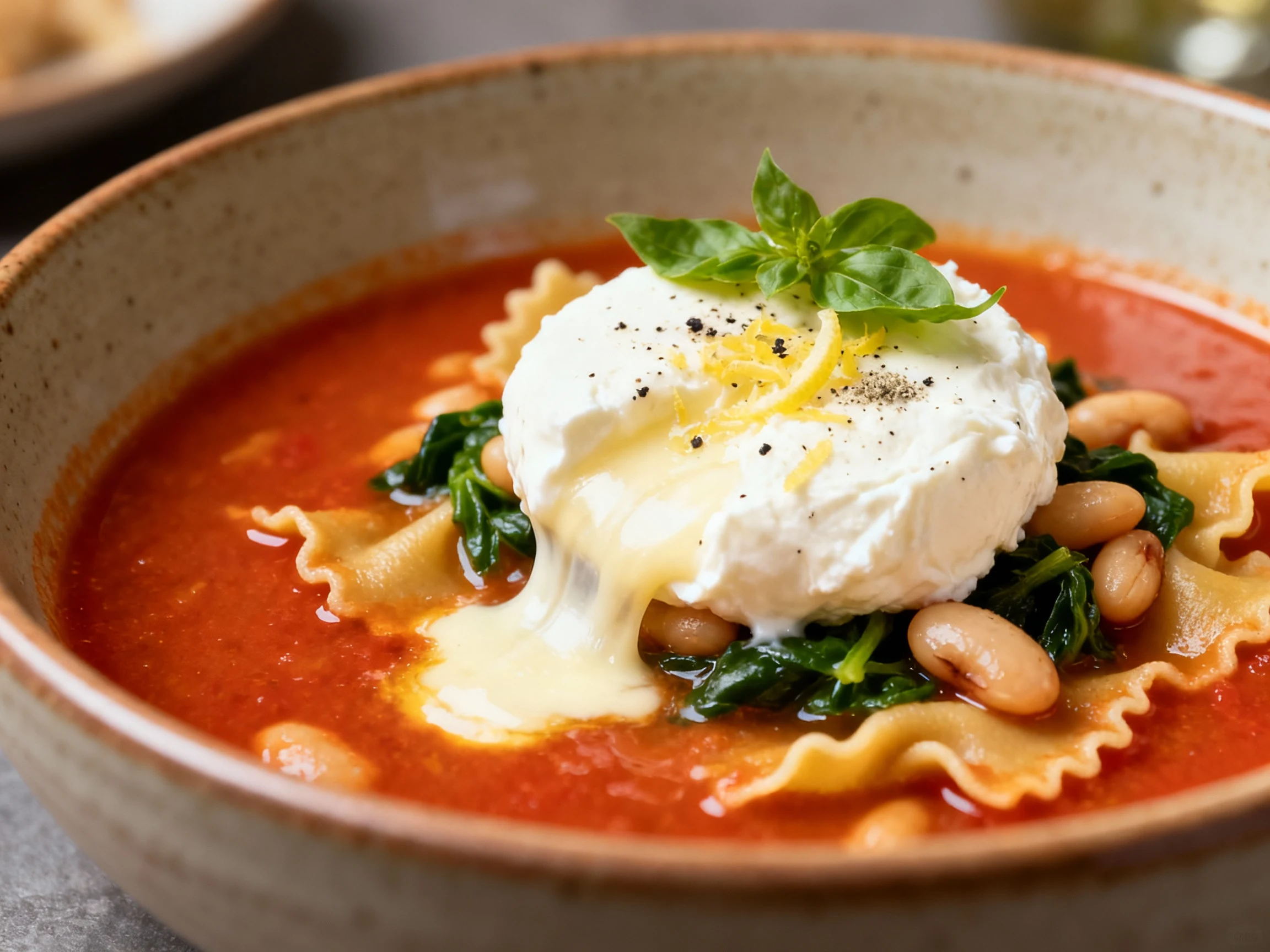 Food photography, Close-up of a bowl with a creamy ricotta dollop (lemon zest, black pepper, whisper of nutmeg) melting 