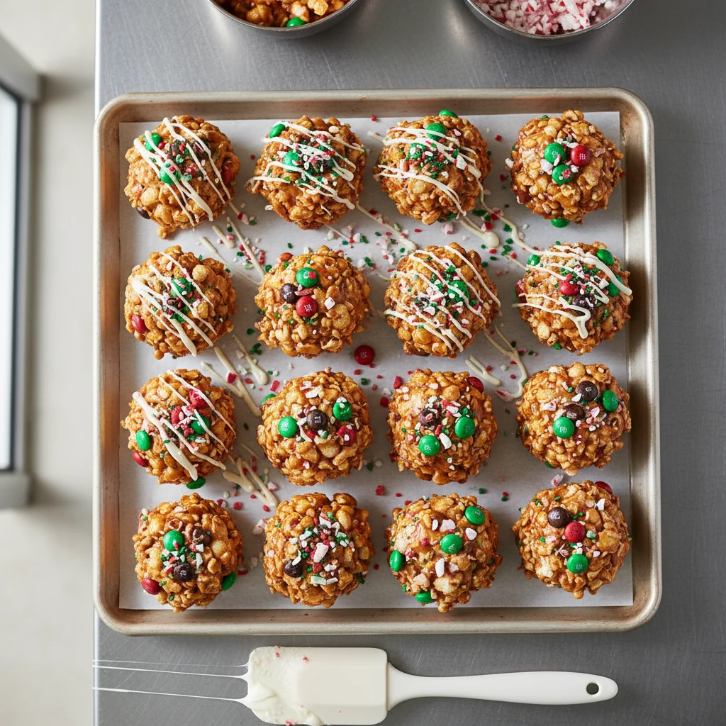 Food photography, Tasty top view (process): overhead of a parchment-lined sheet pan with freshly formed popcorn balls ar