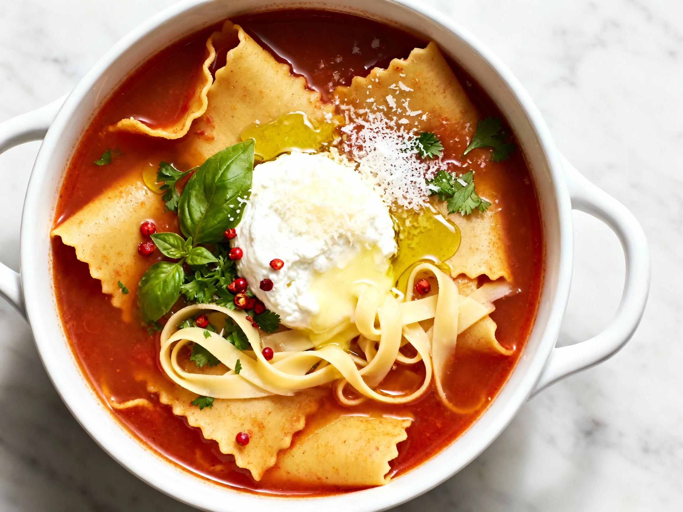 Food photography, Overhead shot of a white ceramic bowl of lasagna soup: broken lasagna noodles in a deep tomato broth,