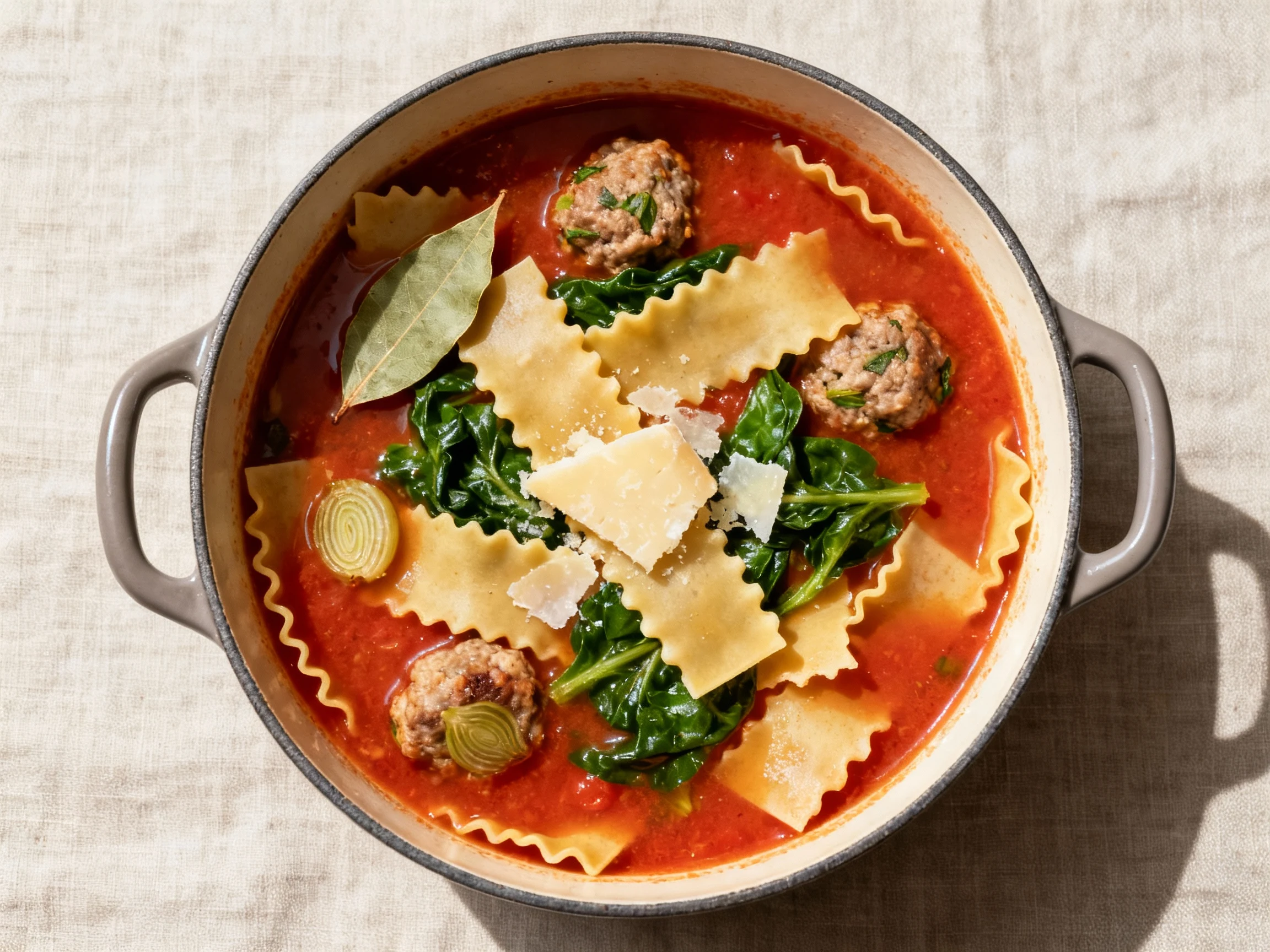 Food photography, Overhead of gluten-free lasagna soup simmering: rich tomato broth with al dente broken GF lasagna nood