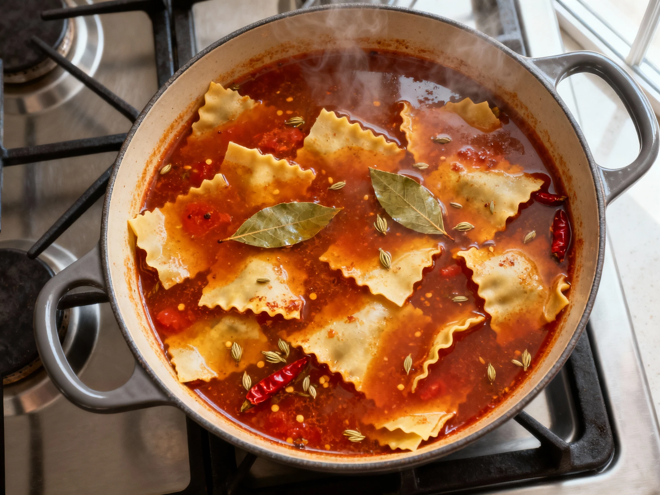 Food photography, Lasagna soup simmering in a matte enamel Dutch oven: broken lasagna sheets turning al dente in a deep 