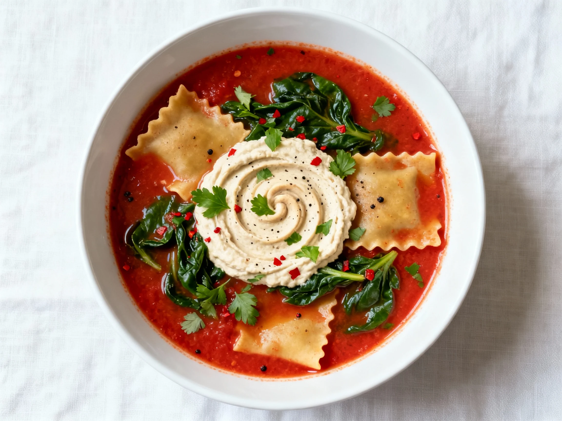 Food photography, 2. Tasty top view: Overhead shot of a wide white bowl of dairy-free lasagna soup—rich red tomato broth