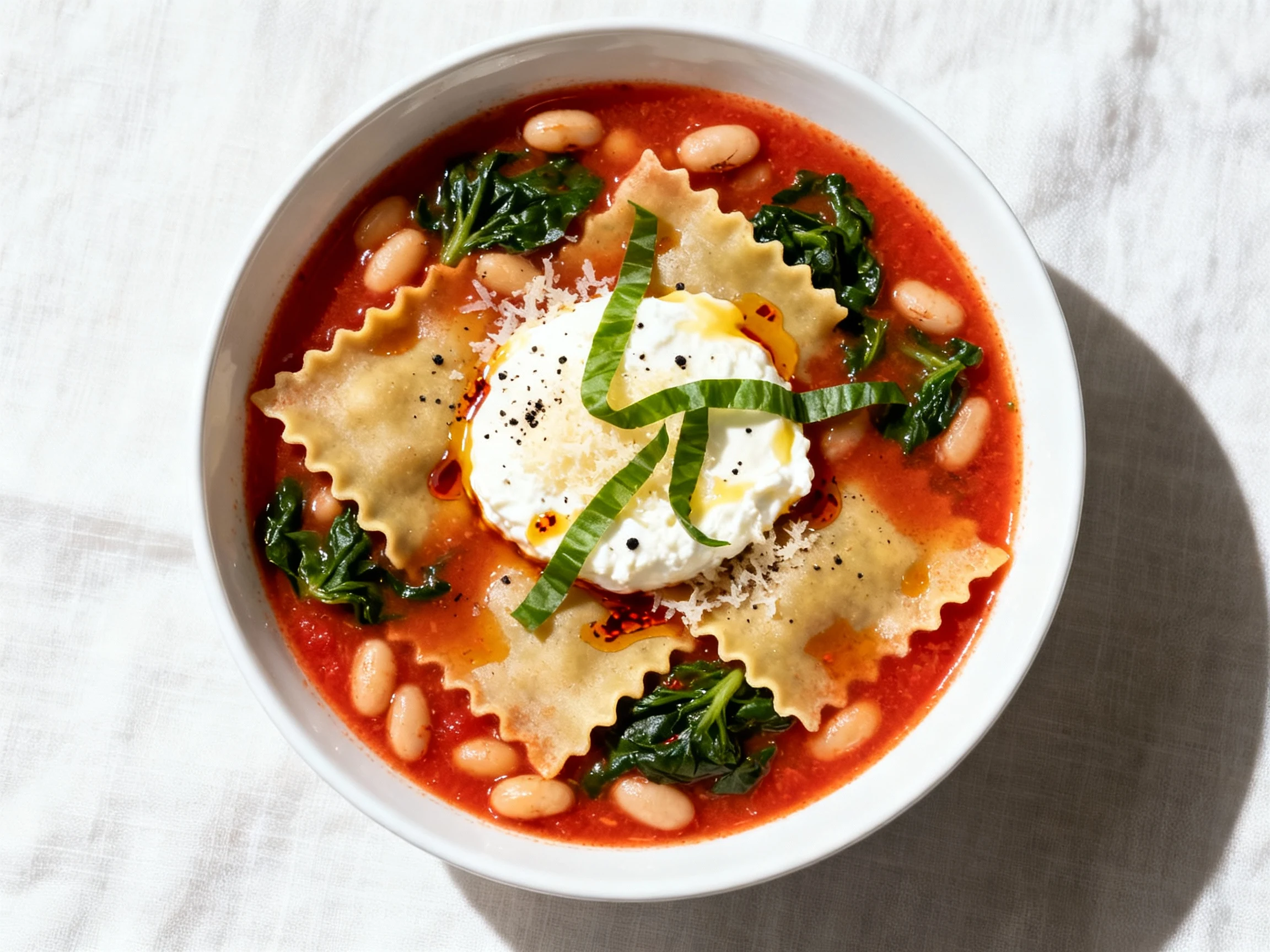 Food photography, Overhead shot of vegetarian lasagna soup: rich tomato broth with ruffled lasagna pieces, cannellini be