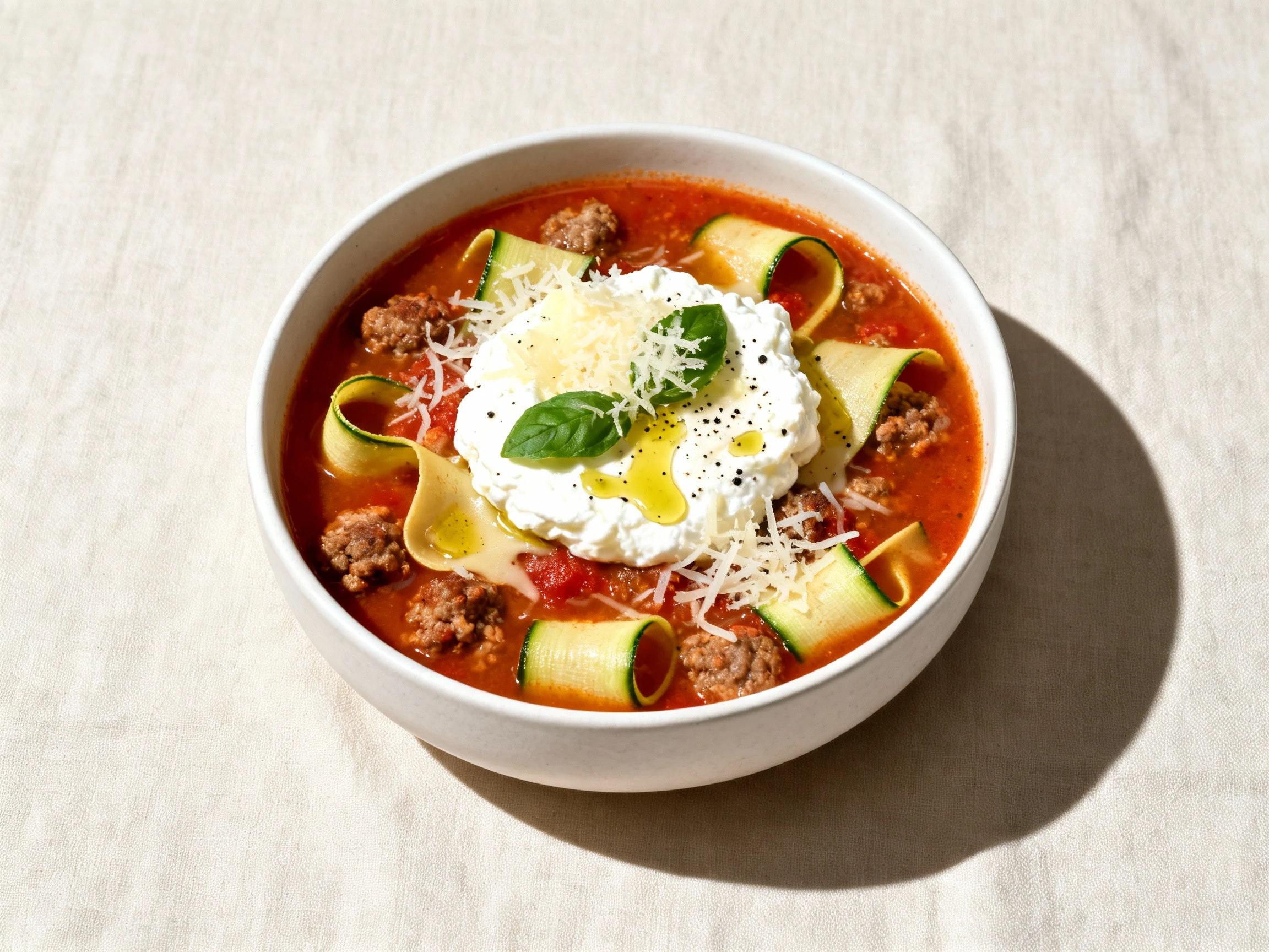 Food photography, Overhead shot: Final bowl of low carb lasagna soup with zucchini ribbons and sausage in a tomatoey bro