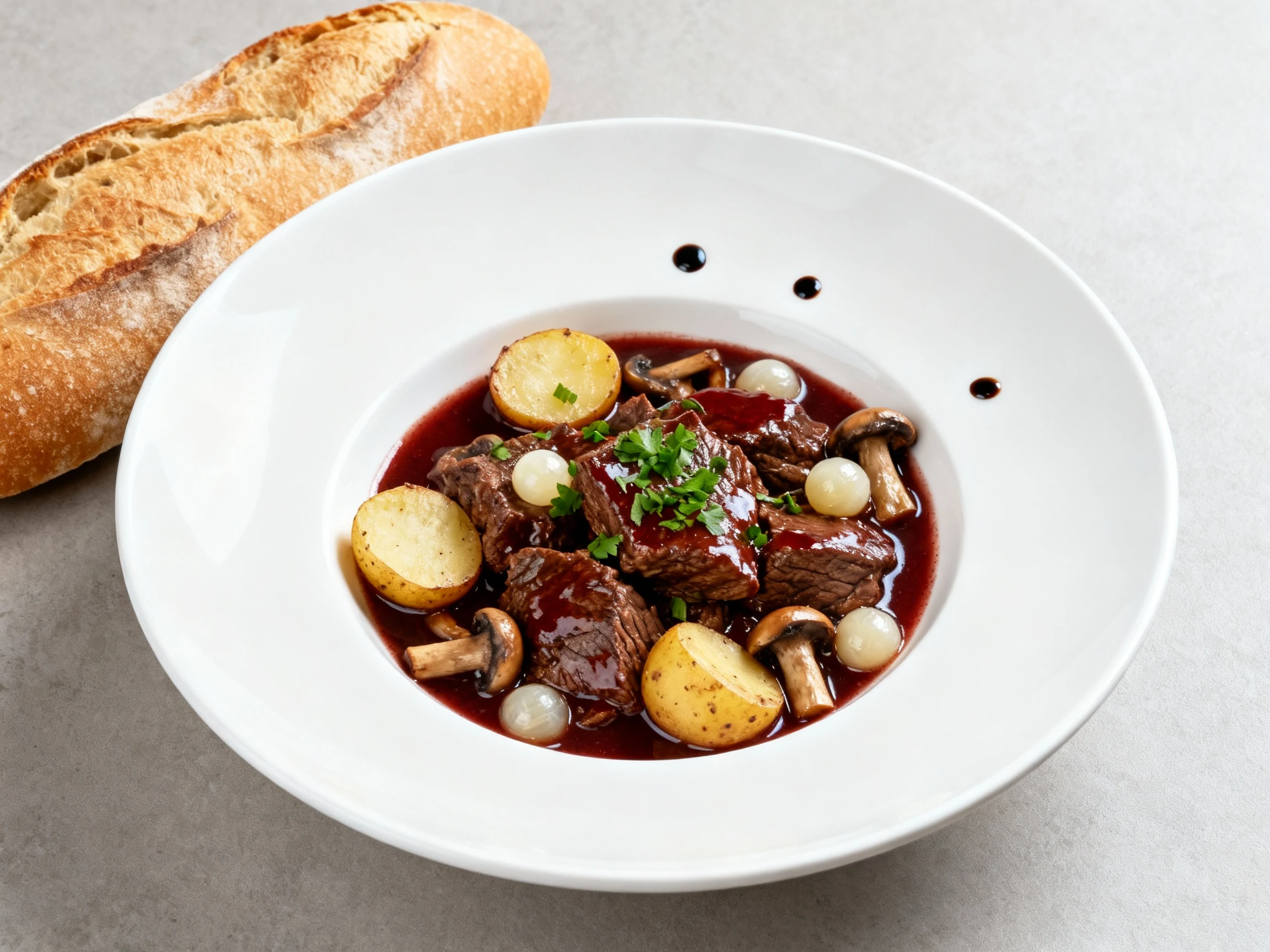 Food photography, 2. Beautifully plated red wine beef stew in a wide white bowl: spoon-tender beef, halved baby potatoes