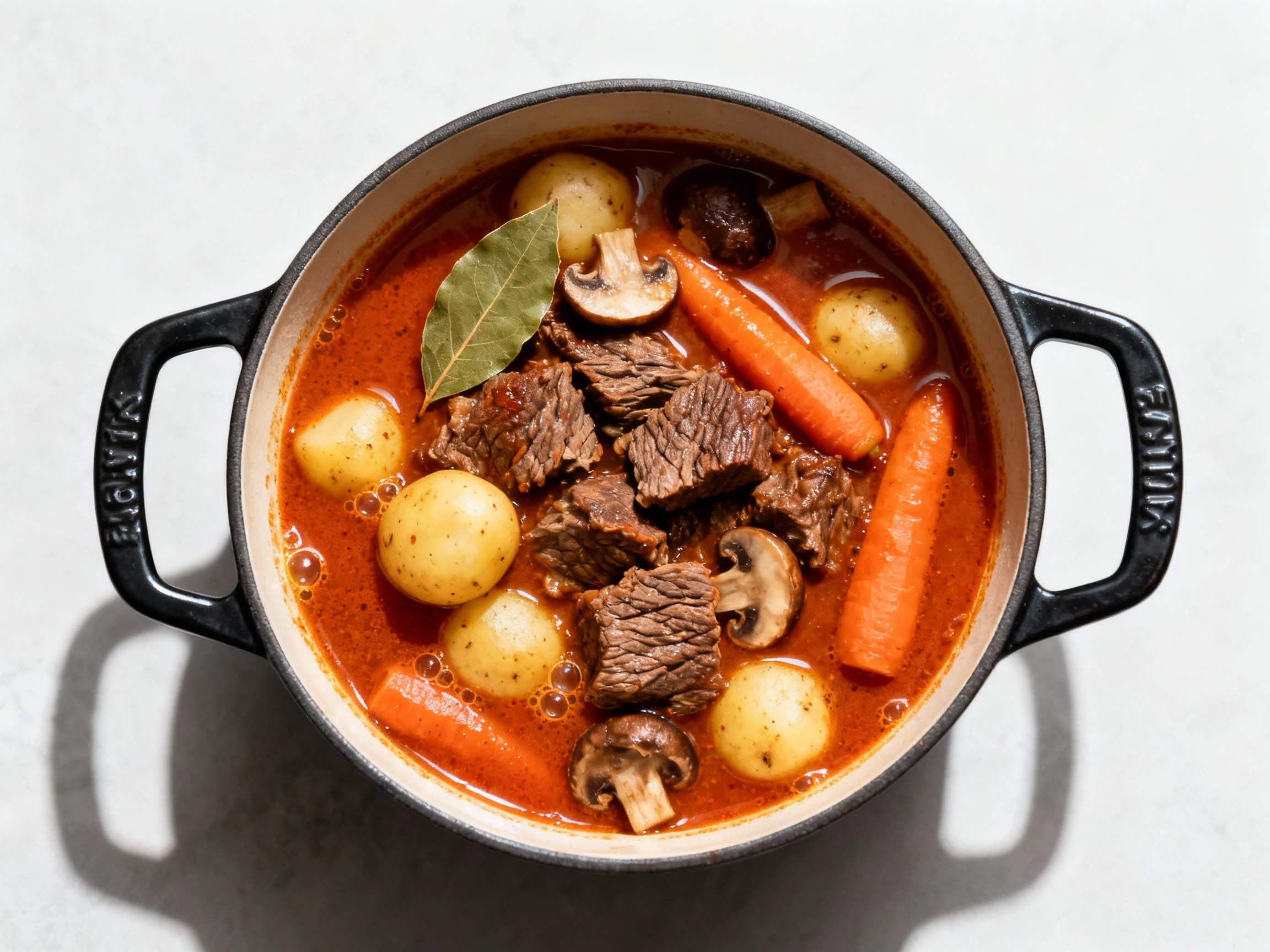 Food photography, 2. Overhead shot of one-pot beef stew gently simmering: fork-tender beef, baby potatoes, carrots, and 