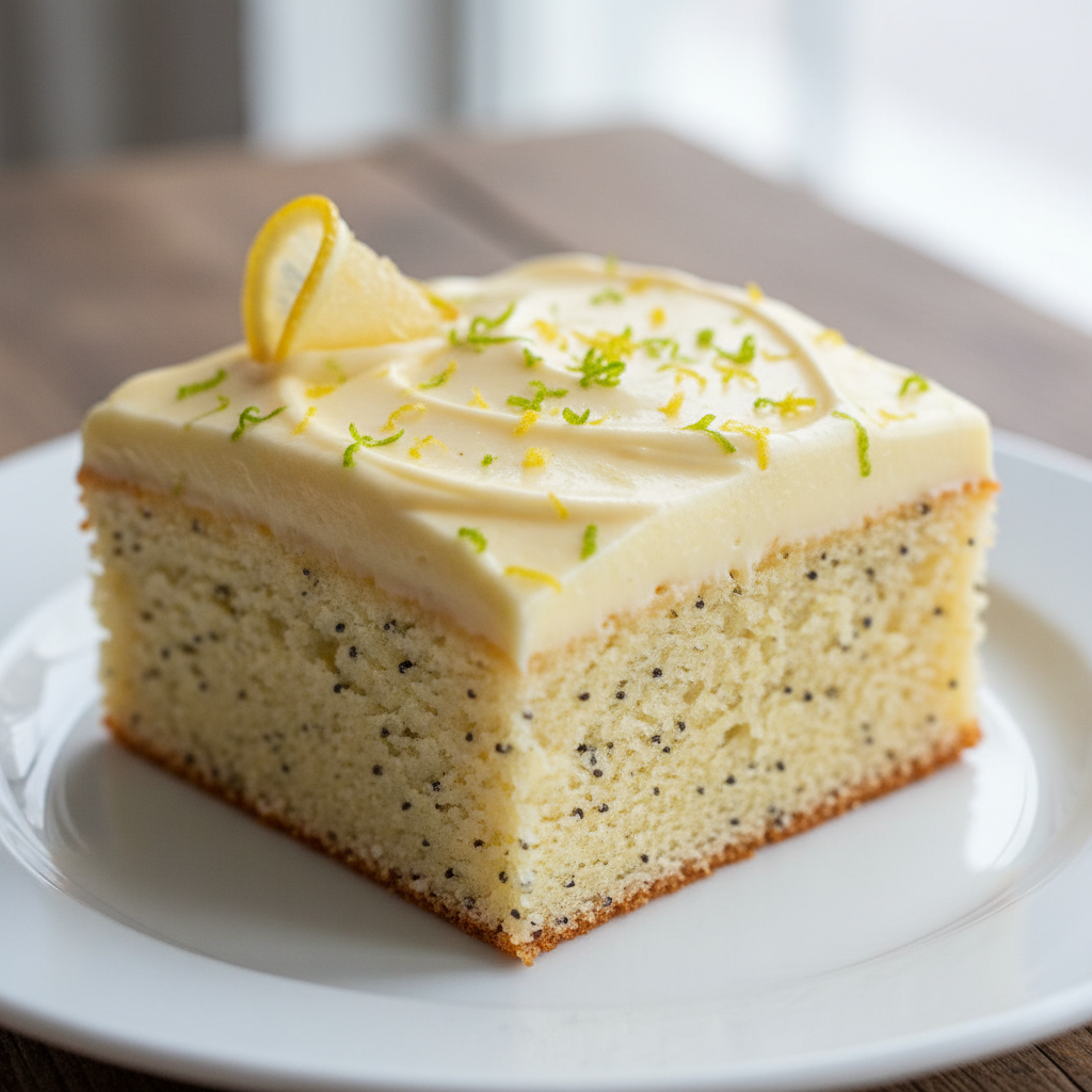 Food photography, Close-up of a square slice of lemon sheet cake with thick lemon cream cheese frosting swirled on top, 