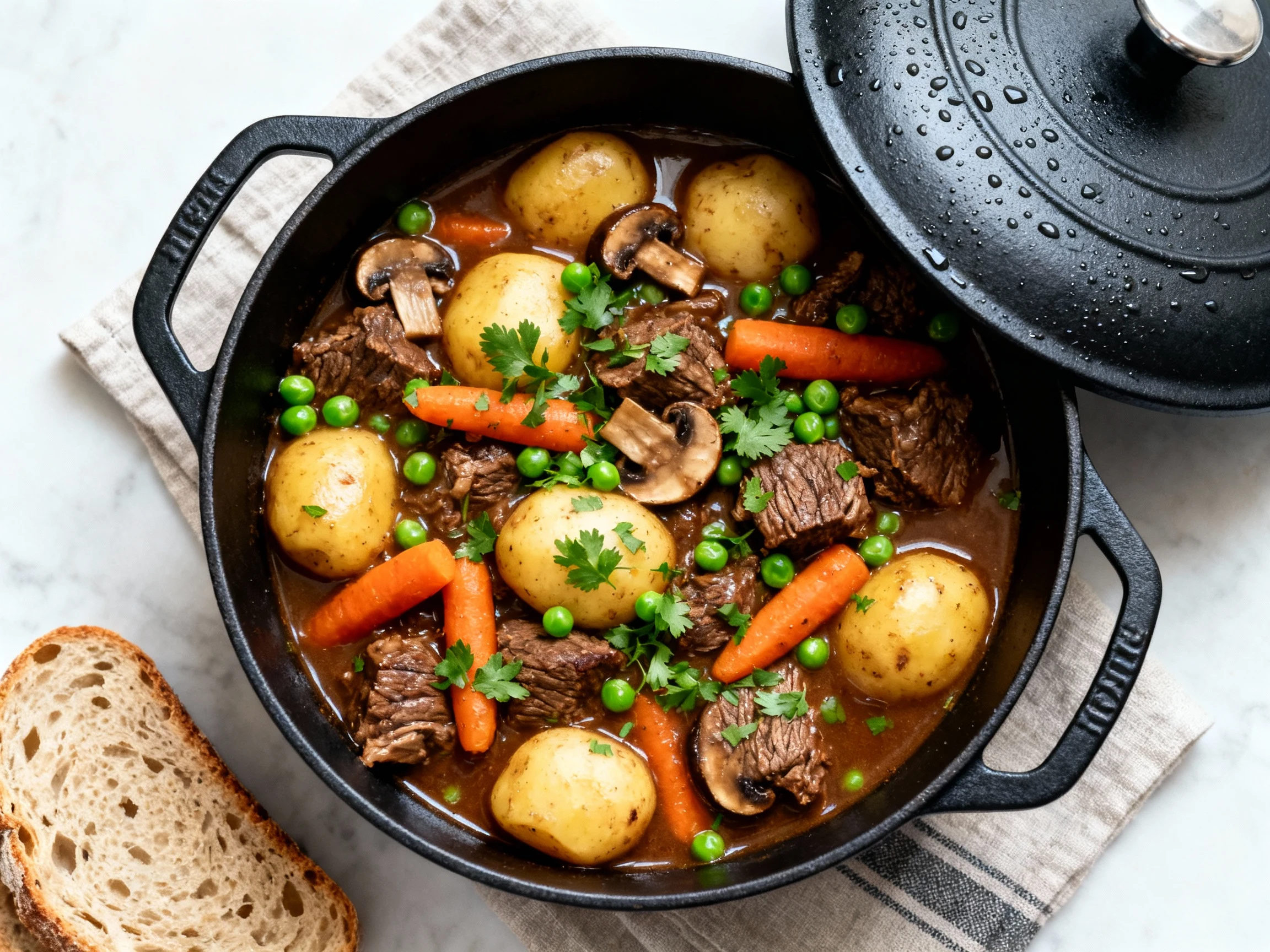 Food photography, Tasty top view: Overhead shot of finished oven-braised beef stew in a matte black Dutch oven—mahogany 