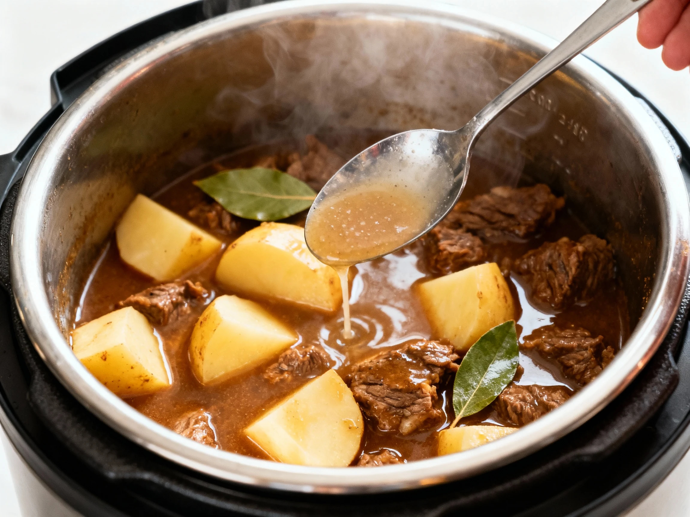 Food photography, Cooking process shot: Instant Pot beef stew on Sauté with large potato chunks added after pressure coo