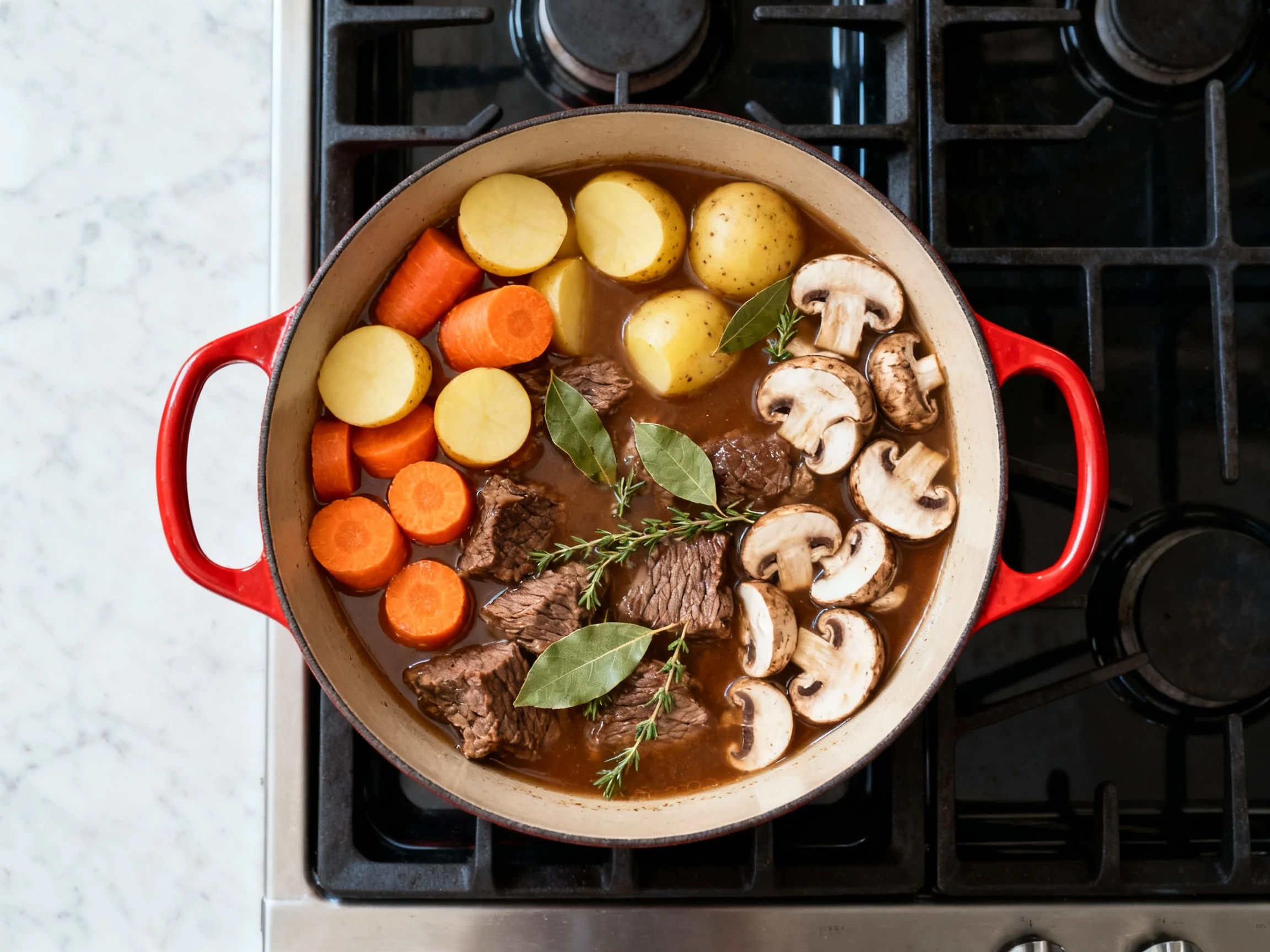 Food photography, Overhead shot of Dutch oven beef stew at the two-stage veg moment: carrots, halved baby Yukon Golds, a