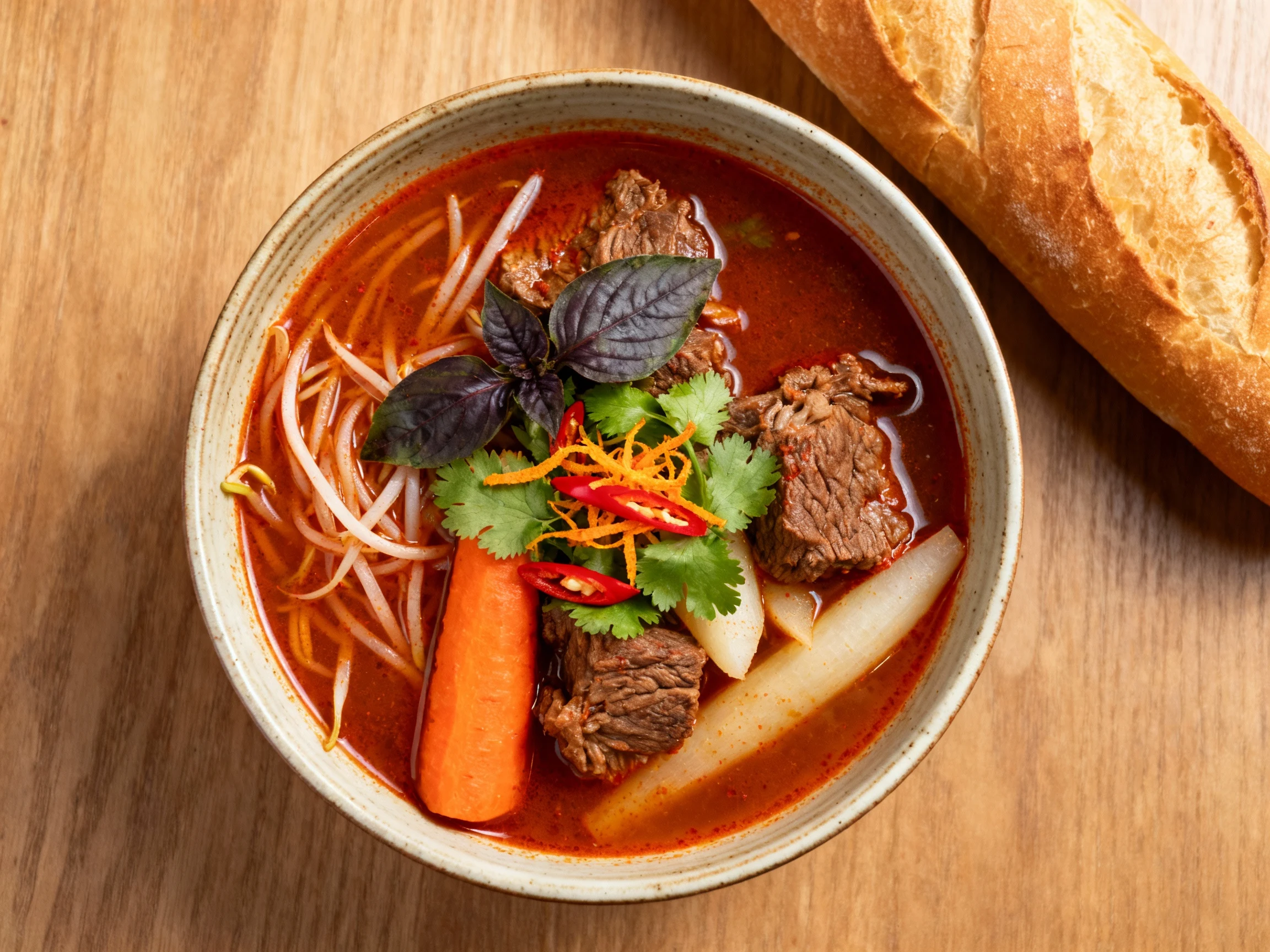 Food photography, Final dish presentation: Vietnamese beef stew in a ceramic bowl with deep amber-red broth (paprika/ann