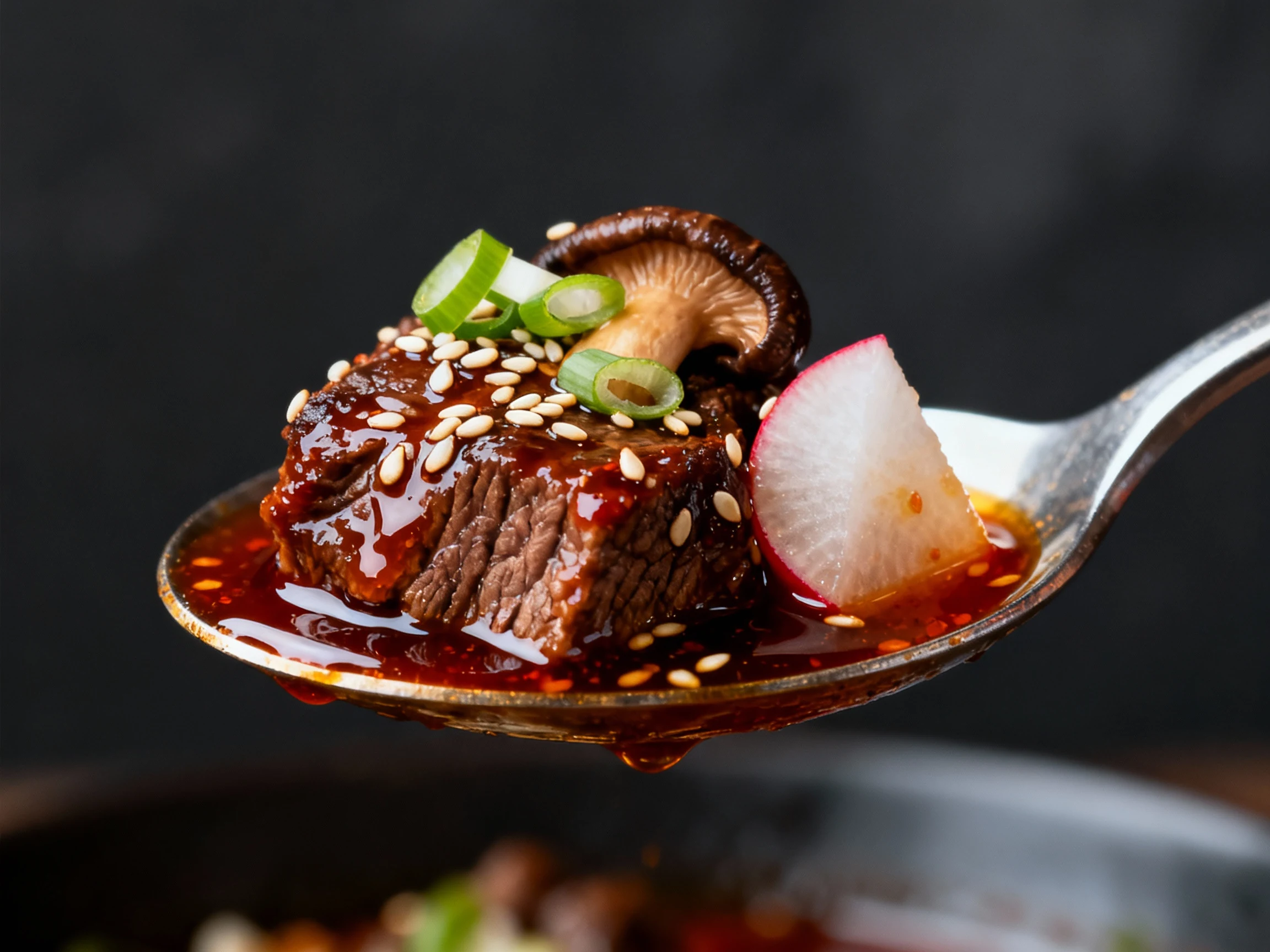 Food photography, Close-up detail: spoon-tender beef chuck glazed in gochujang-rich broth with a shiitake cap and radish