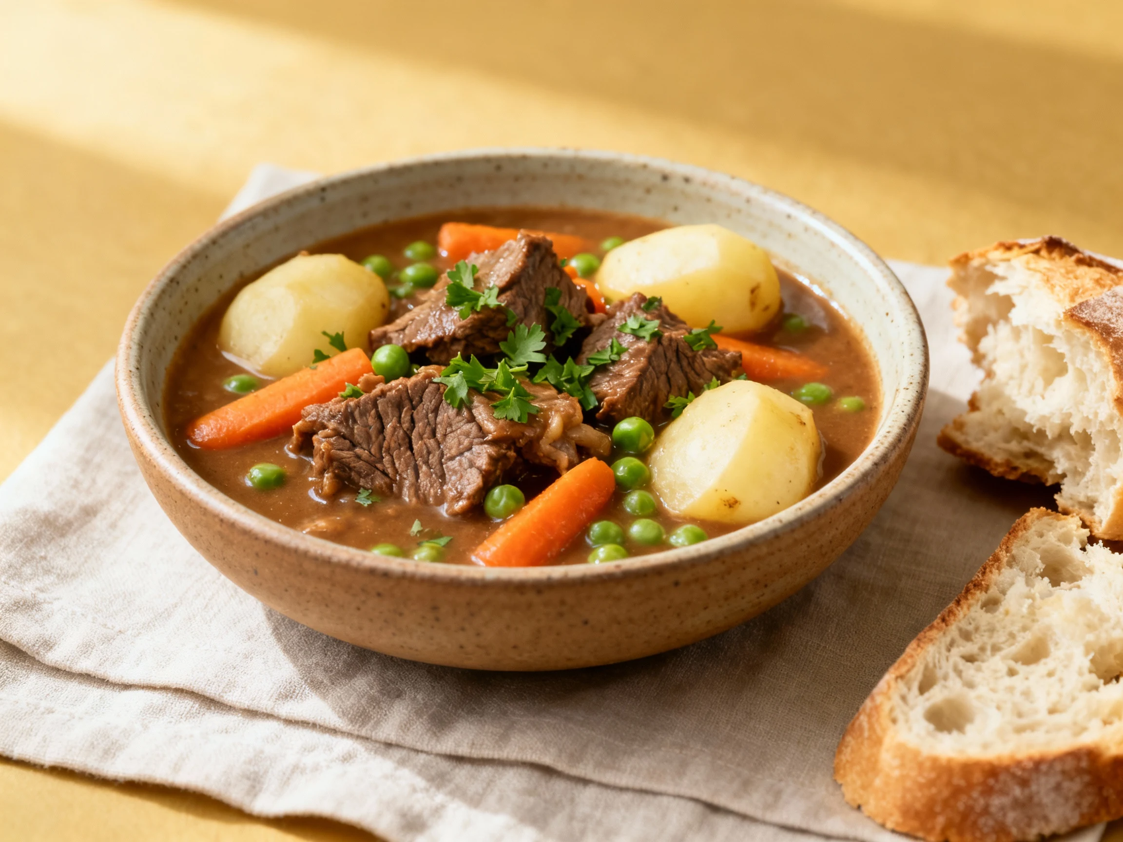 Food photography, Beautifully plated beef stew in a rustic ceramic bowl: fall-apart chuck, waxy potatoes, carrots, and p