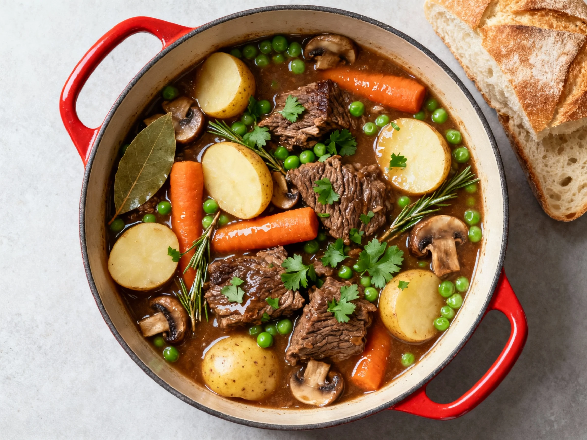 Food photography, Tasty top view: overhead shot of finished Dutch oven beef stew—fork-tender chuck, carrots, halved Yuko