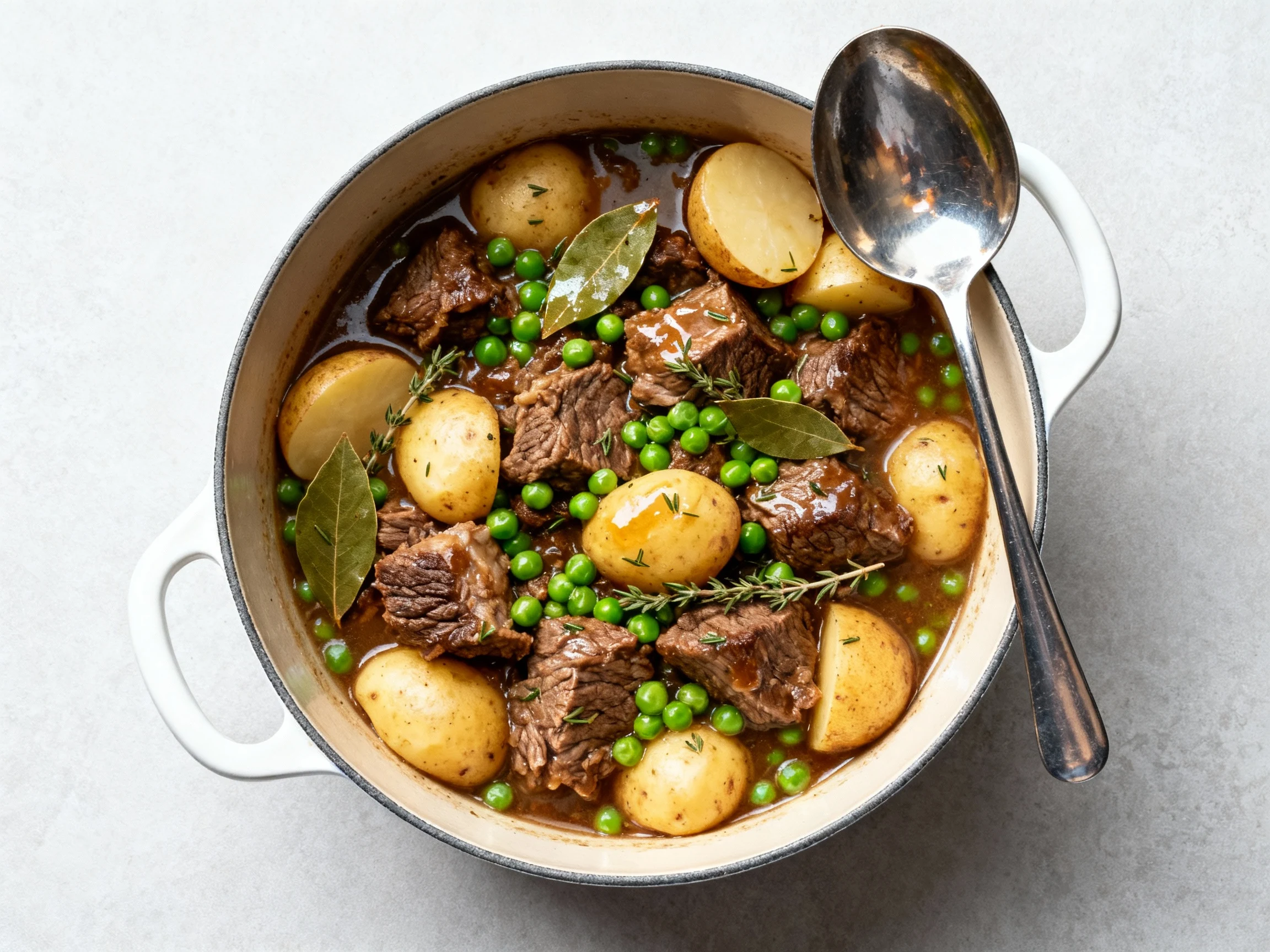 Food photography, Tasty top view: Overhead shot of finished stovetop beef stew in an enamel Dutch oven—tender beef, Yuko