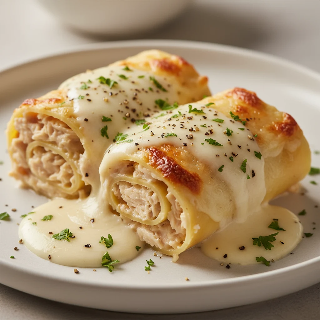 Food photography, Close-up of two Chicken Alfredo Lasagna Roll-Ups on a matte white plate, spiraled cross-sections visib