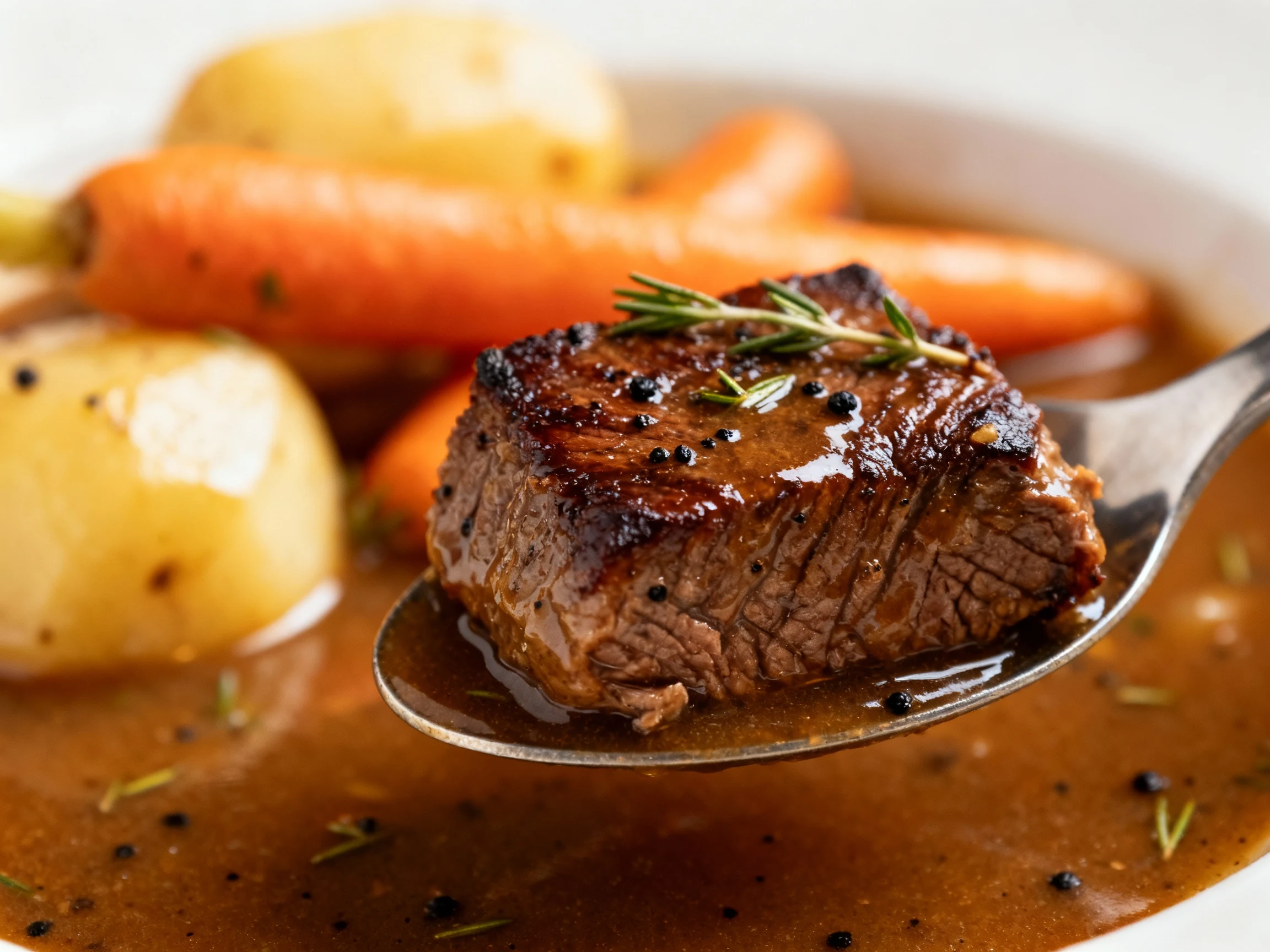 Food photography, Close-up detail: spoon-tender beef chuck with deep brown sear glazed in glossy broth, flecks of thyme 