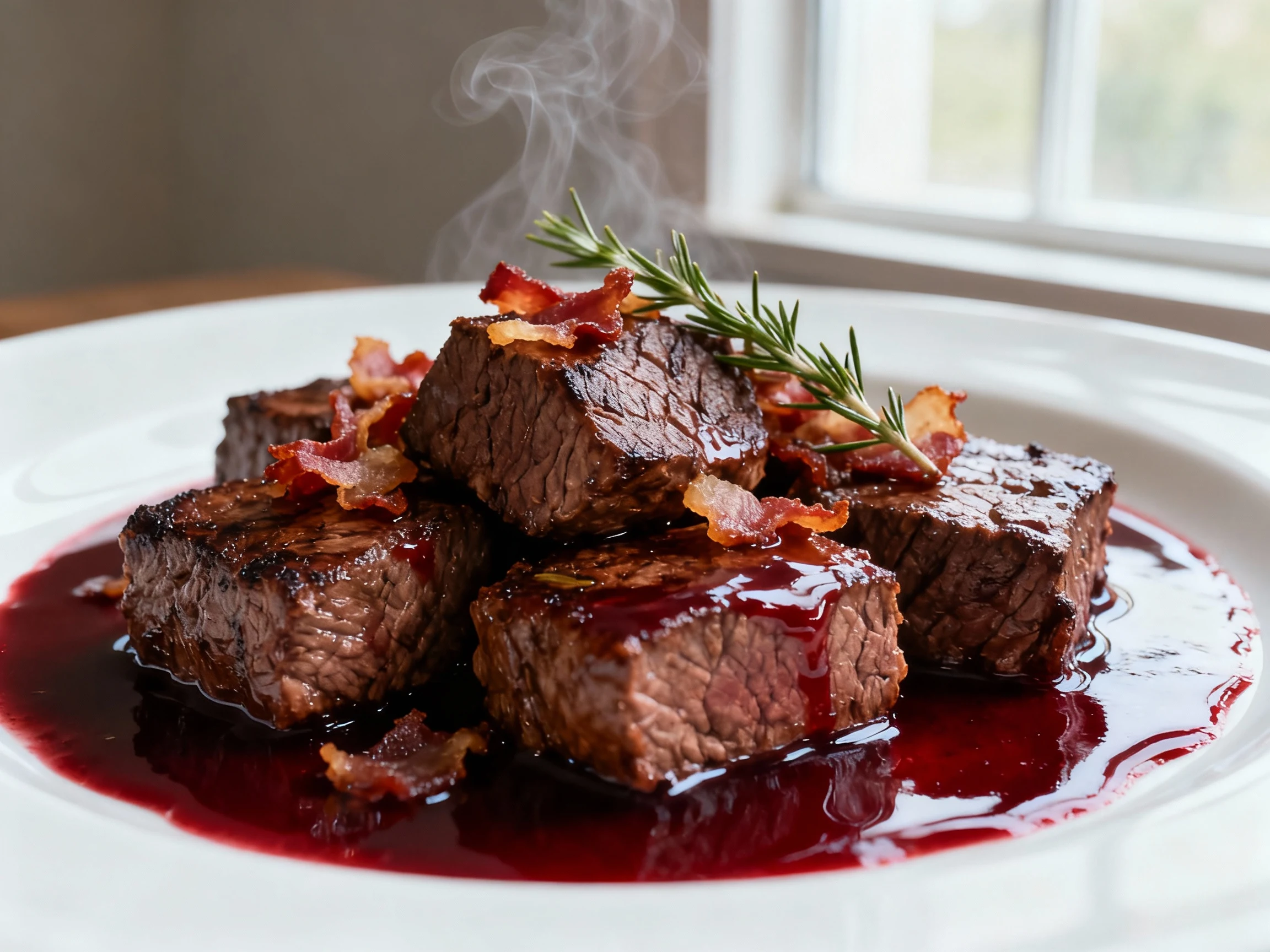 Food photography, Close-up of fork-tender seared beef chuck cubes bathed in glossy red-wine sauce with bacon lardons and